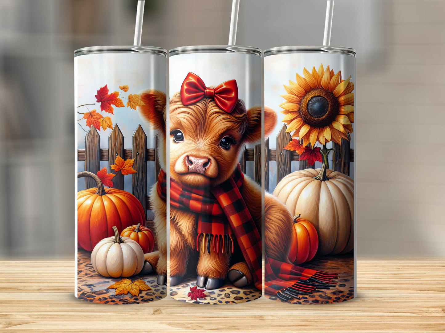 Cute cow with scarf and bow on farm with pumpkins and sunflower.