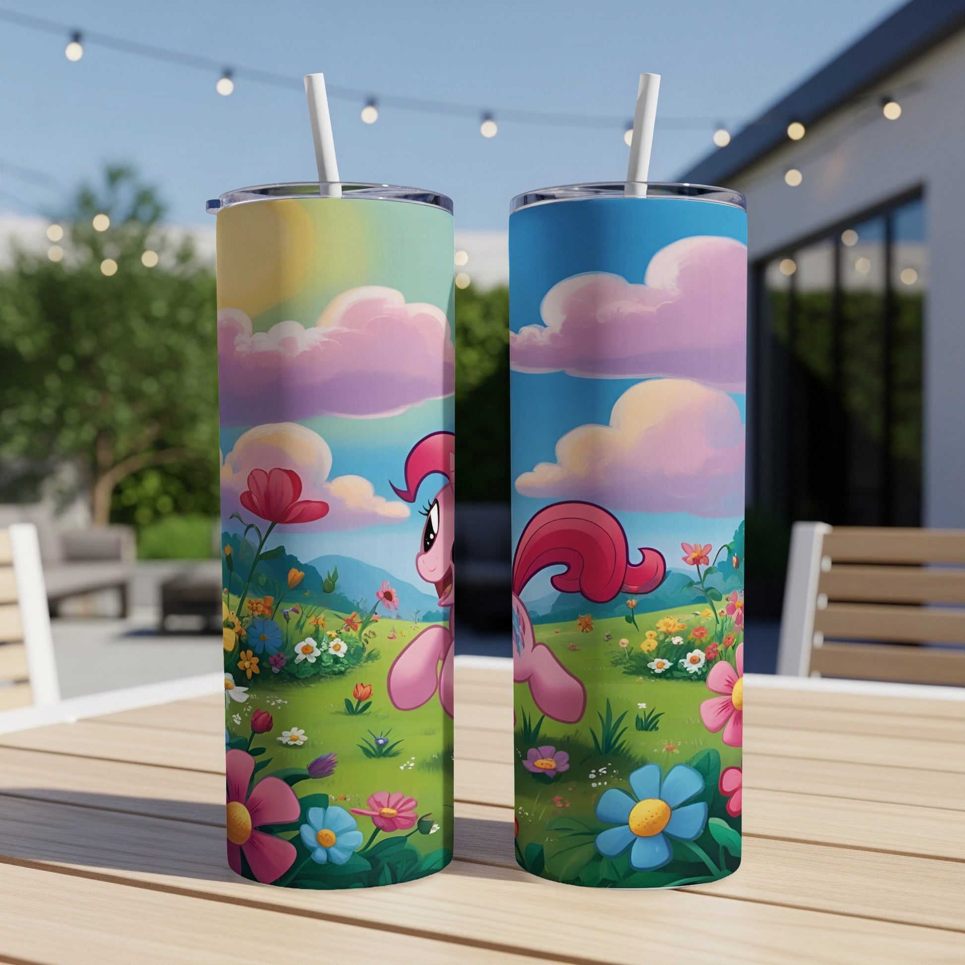 Pinkie Pie cartoon character on colorful floral background on two tumblers.