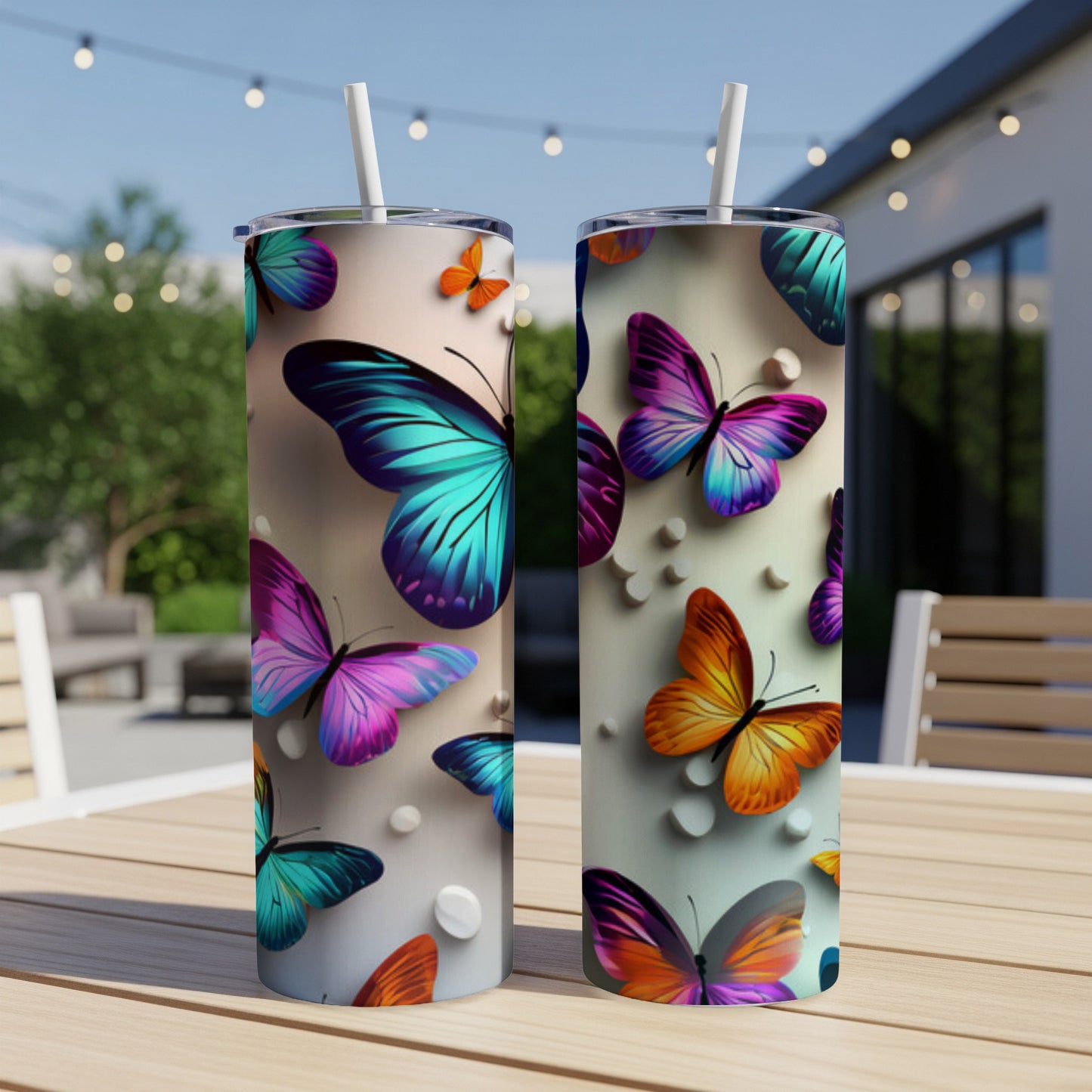 Two colorful butterfly tumblers with straws on a table.