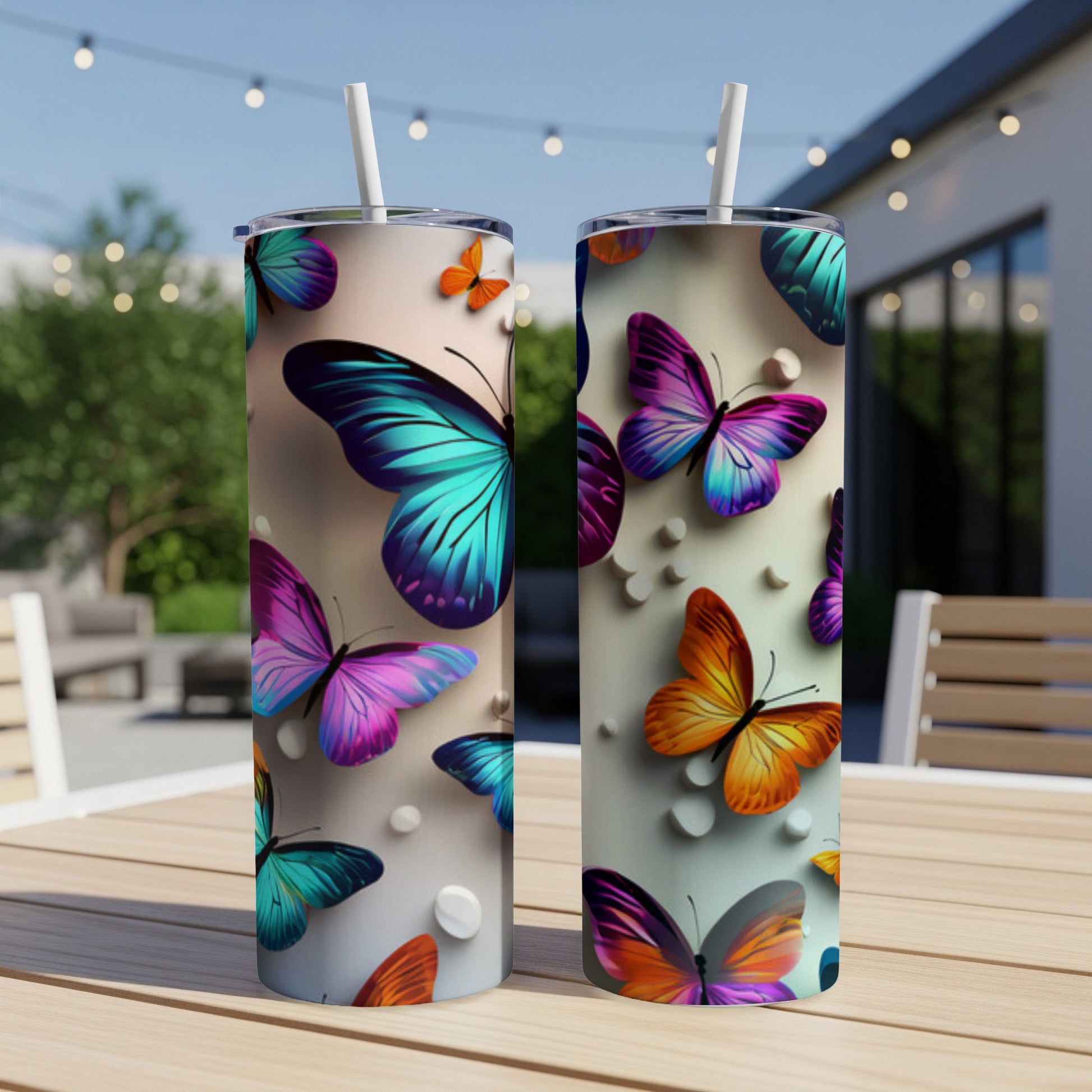 Two colorful butterfly tumblers with straws on a table.