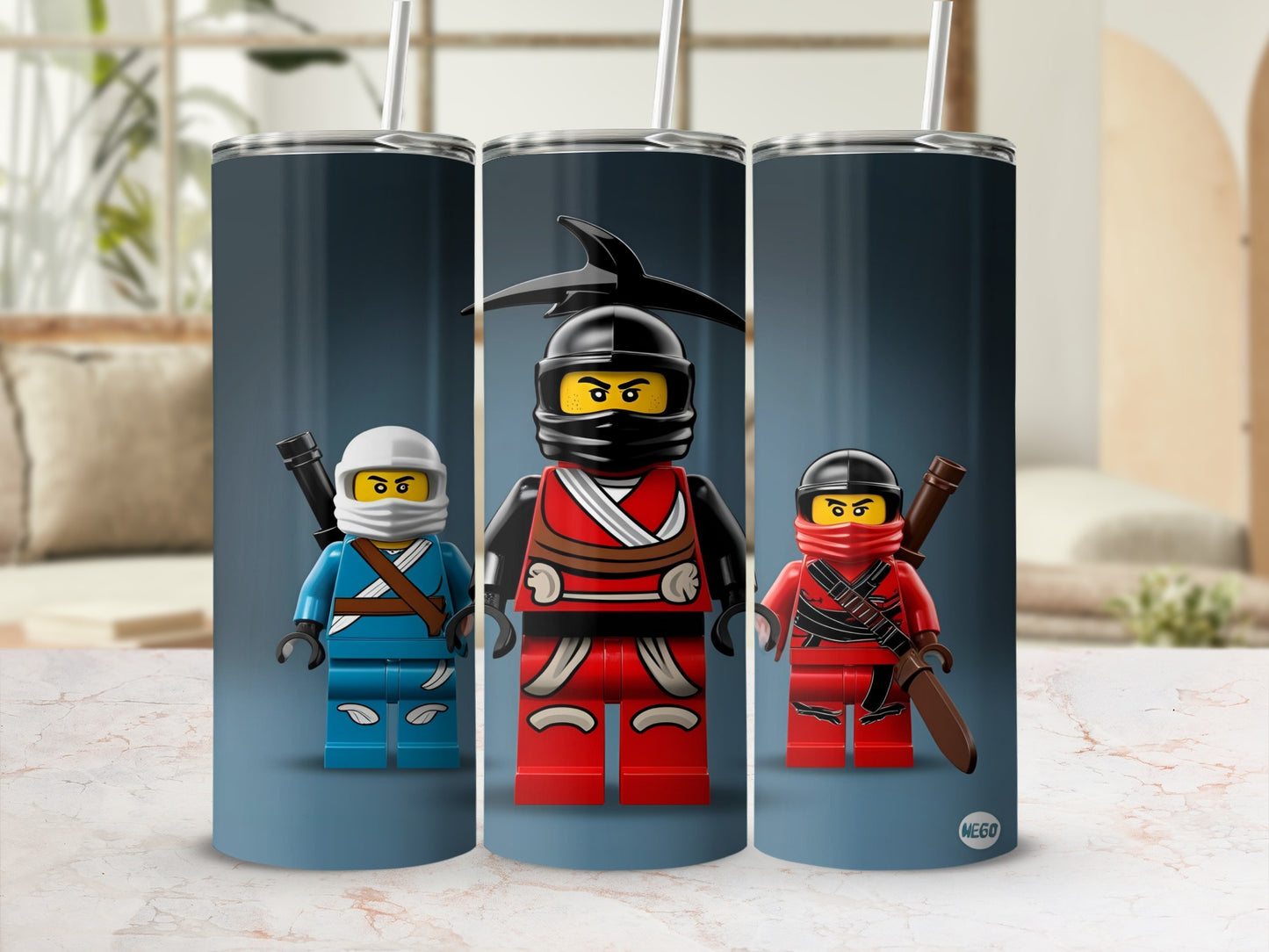 Three LEGO Ninjago characters in blue, red, and black outfits with weapons.