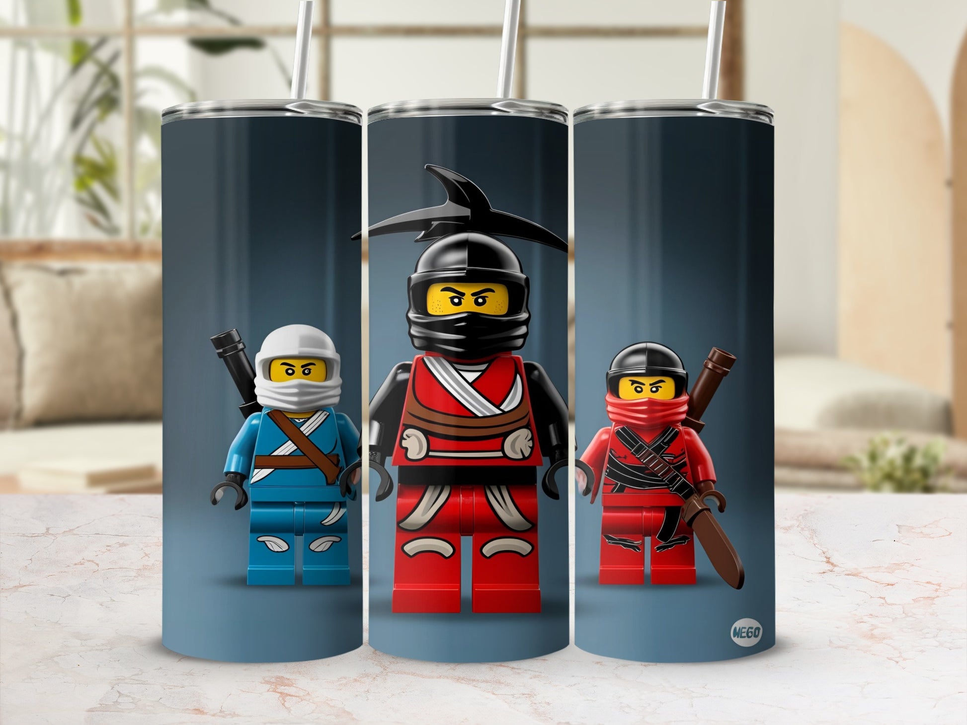 Three LEGO Ninjago characters in blue, red, and black outfits with weapons.