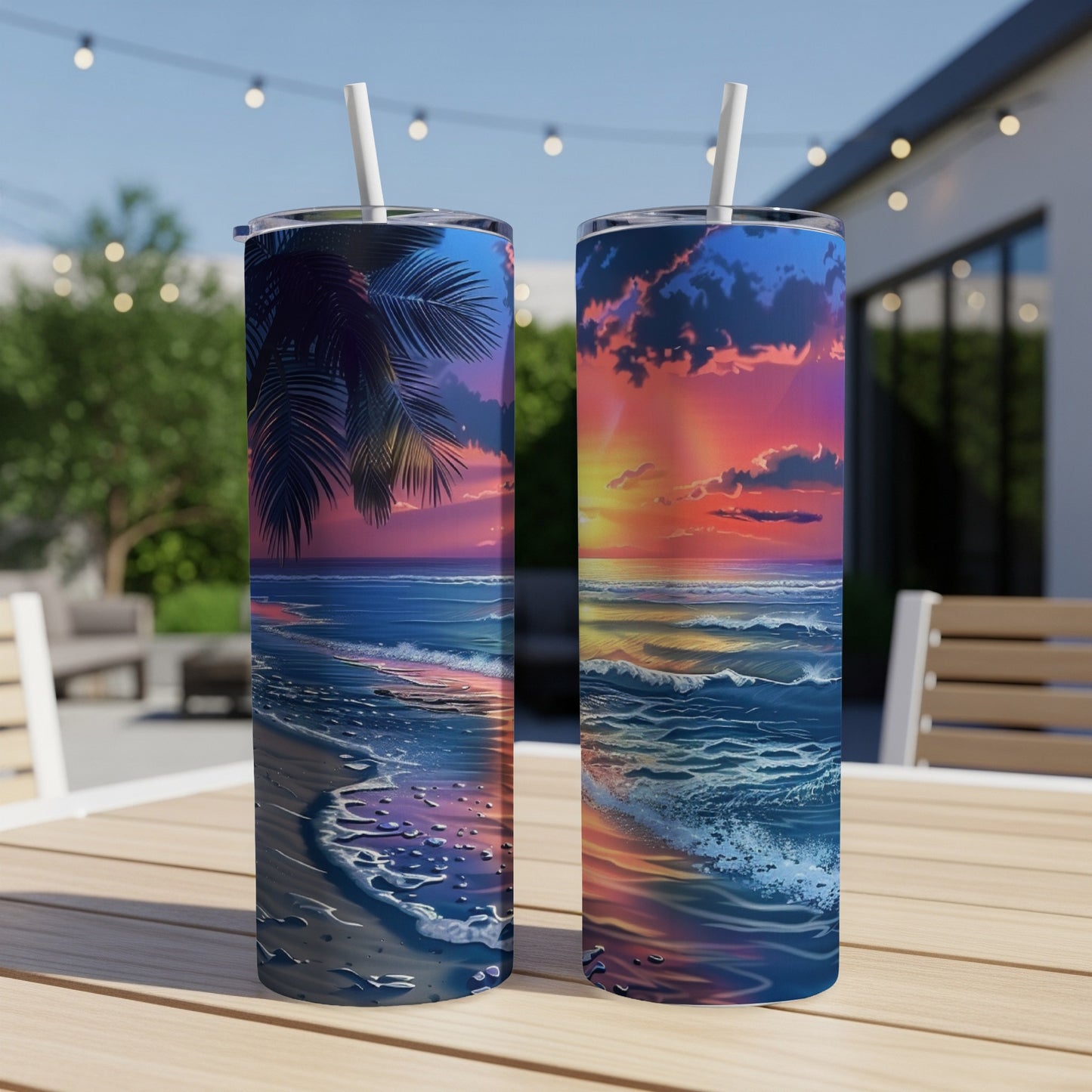 Two tumblers with tropical sunset beach scene designs.