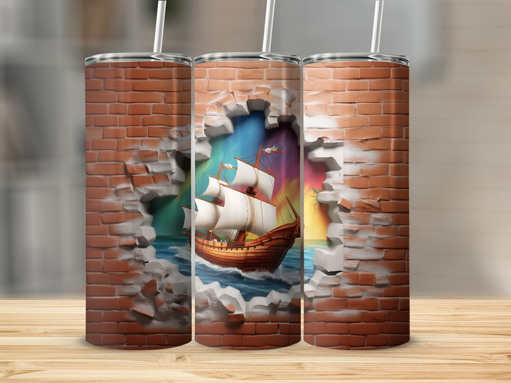 Sailing Ship Breaking Through Brick Wall Tumbler