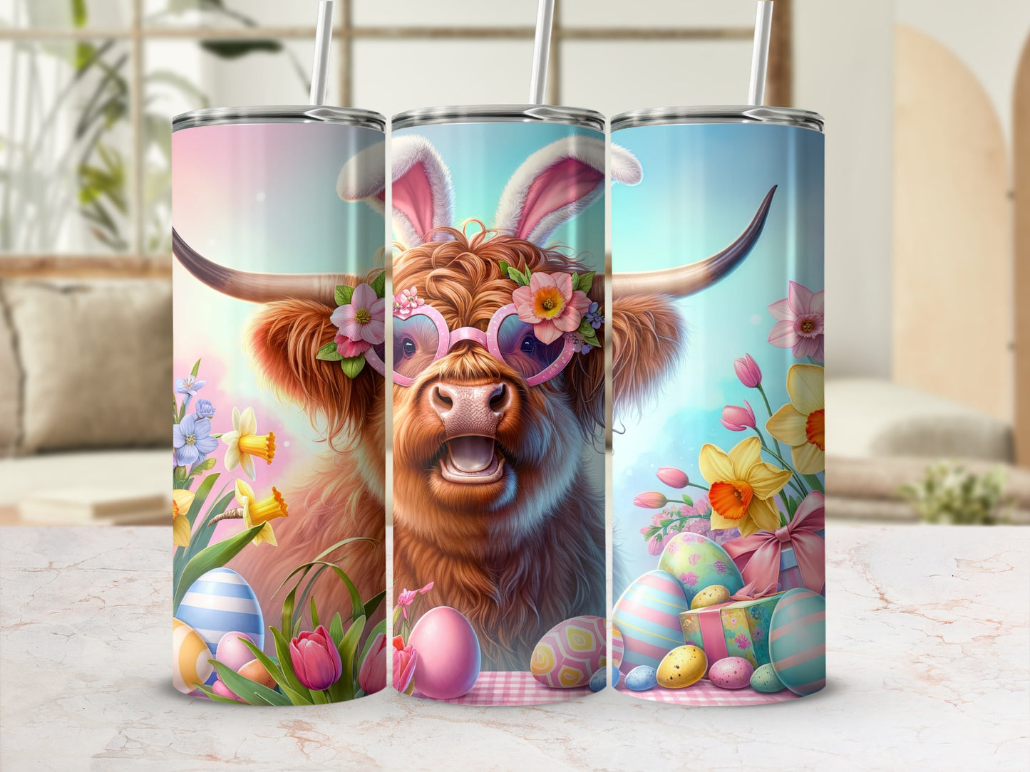 Highland cow with bunny ears and heart sunglasses, surrounded by Easter eggs and flowers.