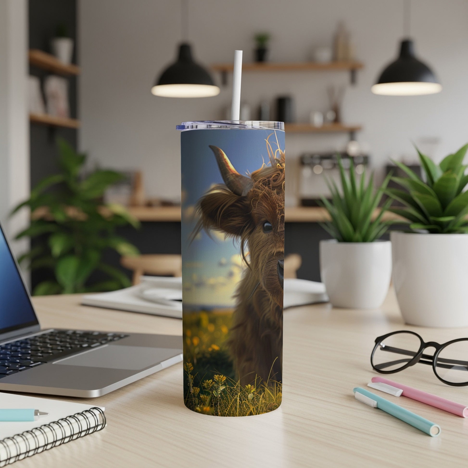 Tall tumbler with Highland cow in a field, on a desk.