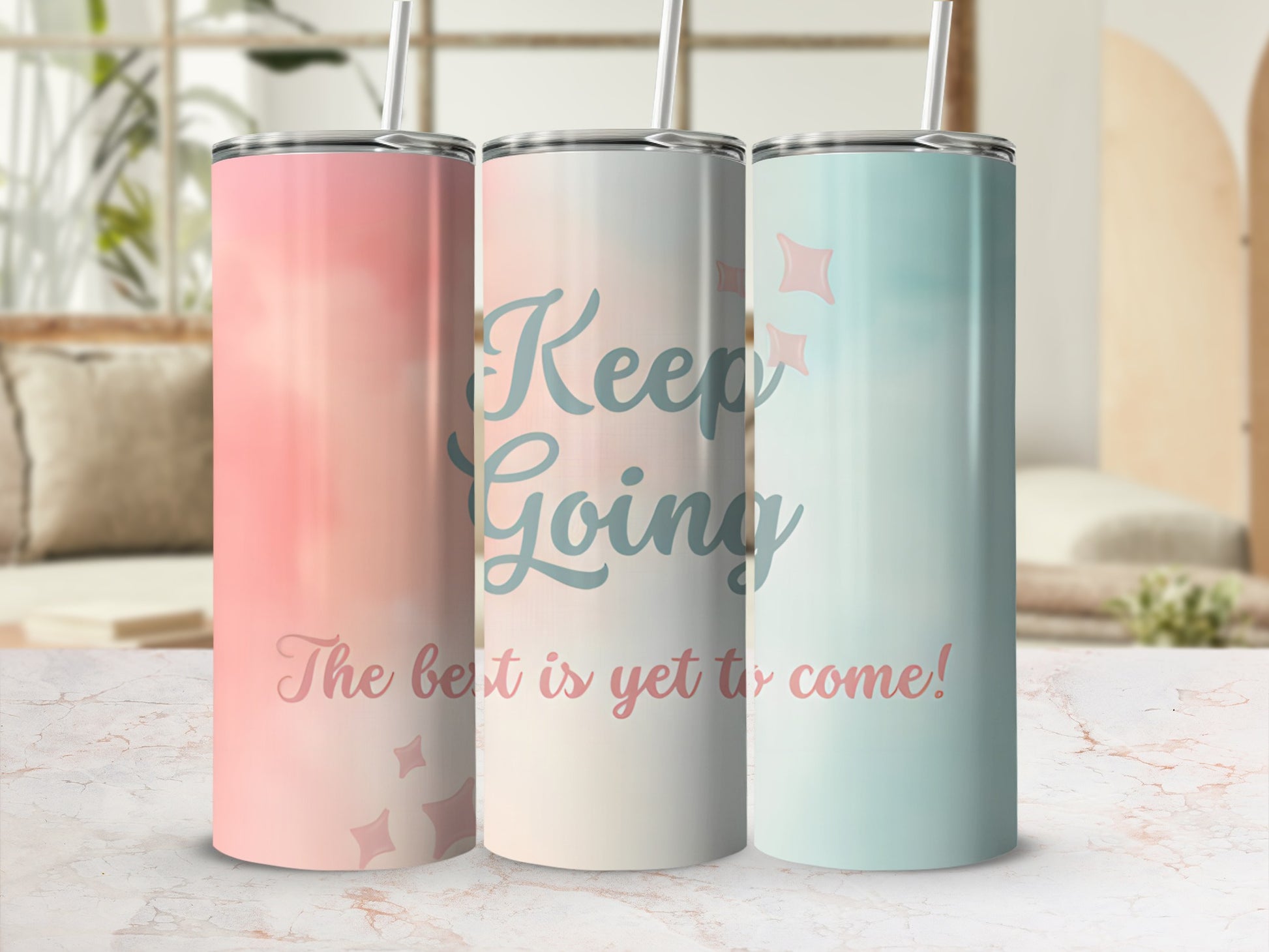 Three tumblers with "Keep Going" and "The best is yet to come!" text.