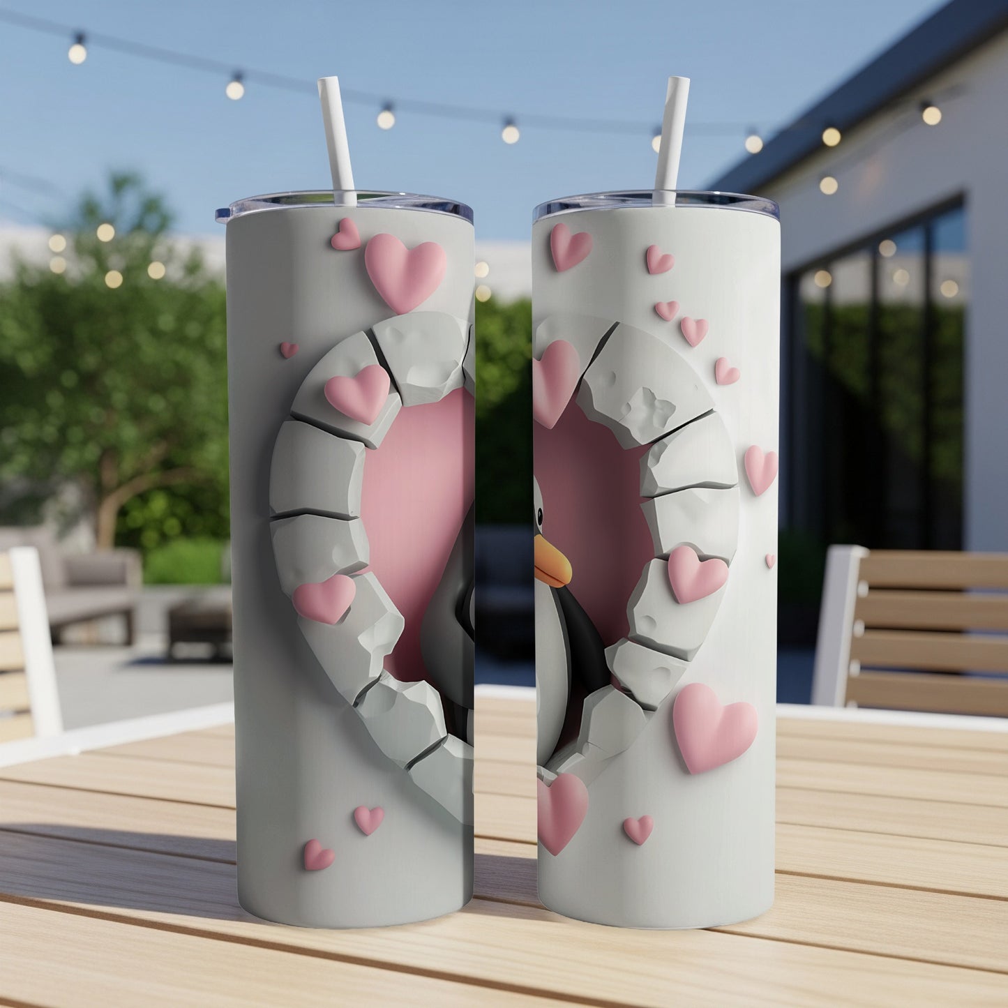 Two white tumblers with a penguin peeking from a broken heart design.