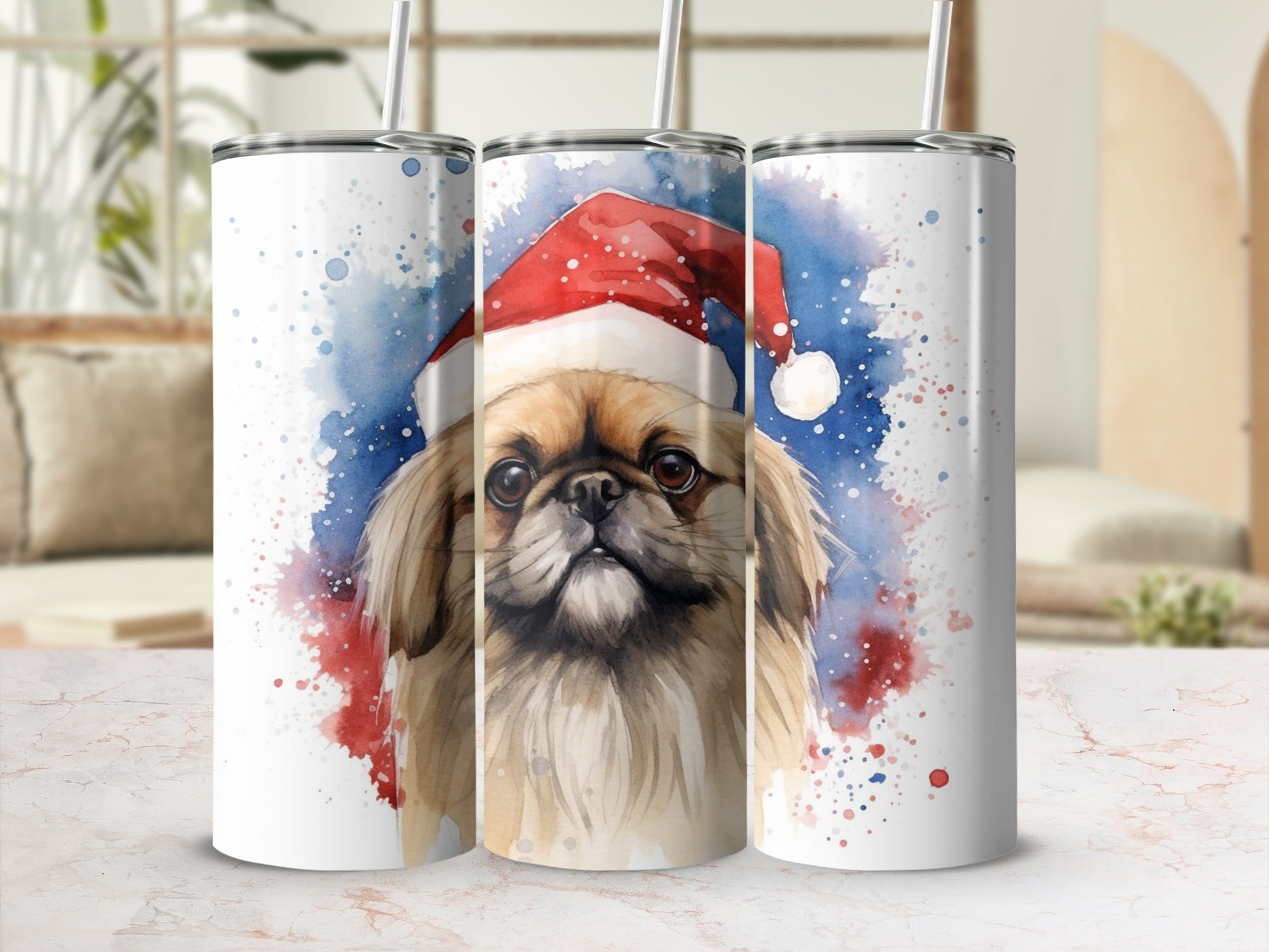 Pekingese dog wearing a Santa hat, watercolor splash background.