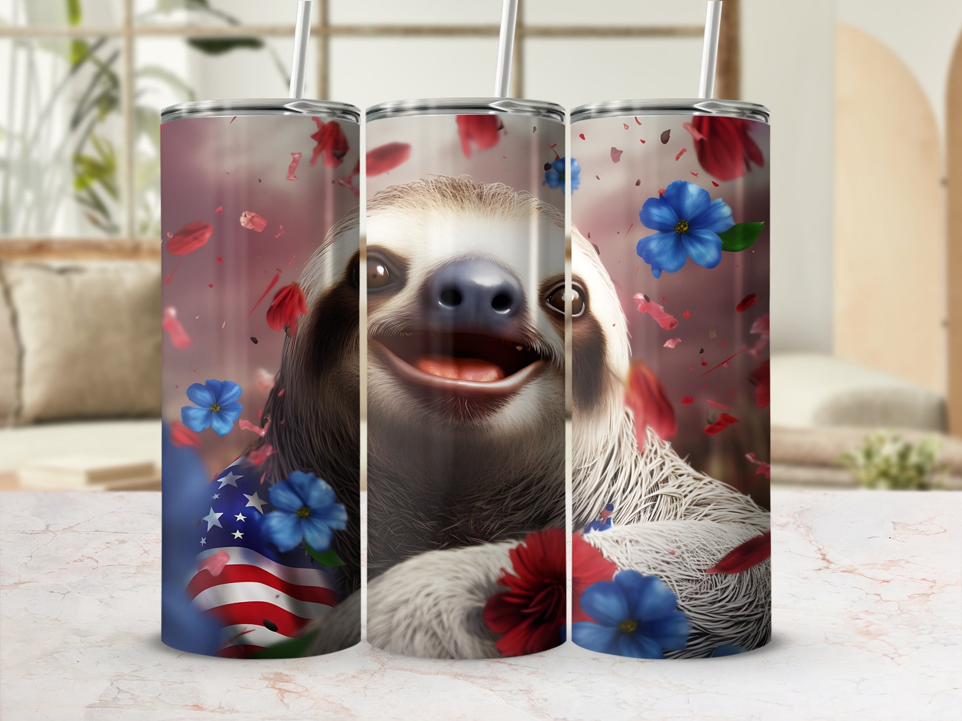Sloth wearing American flag, surrounded by red and blue flowers and petals.