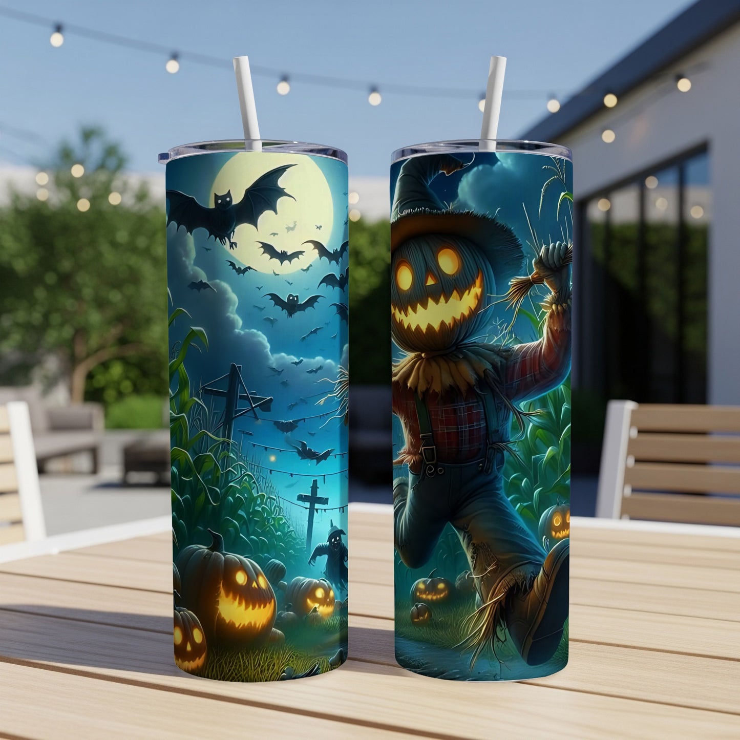 Two tumblers with Halloween designs featuring a scarecrow, bats, and jack-o'-lanterns in a cornfield.