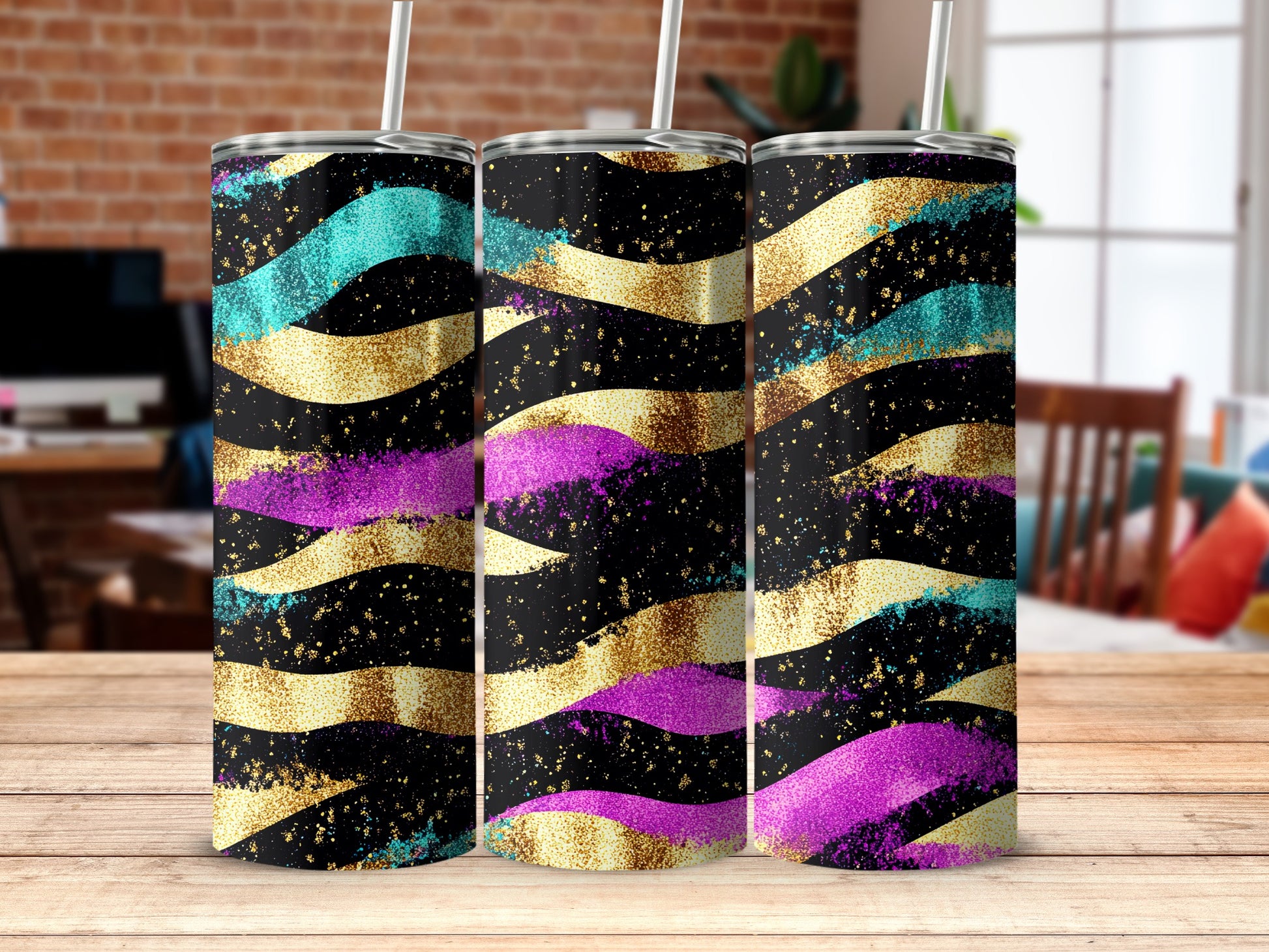 Glitter and Colorful Wave Design Tumbler Set