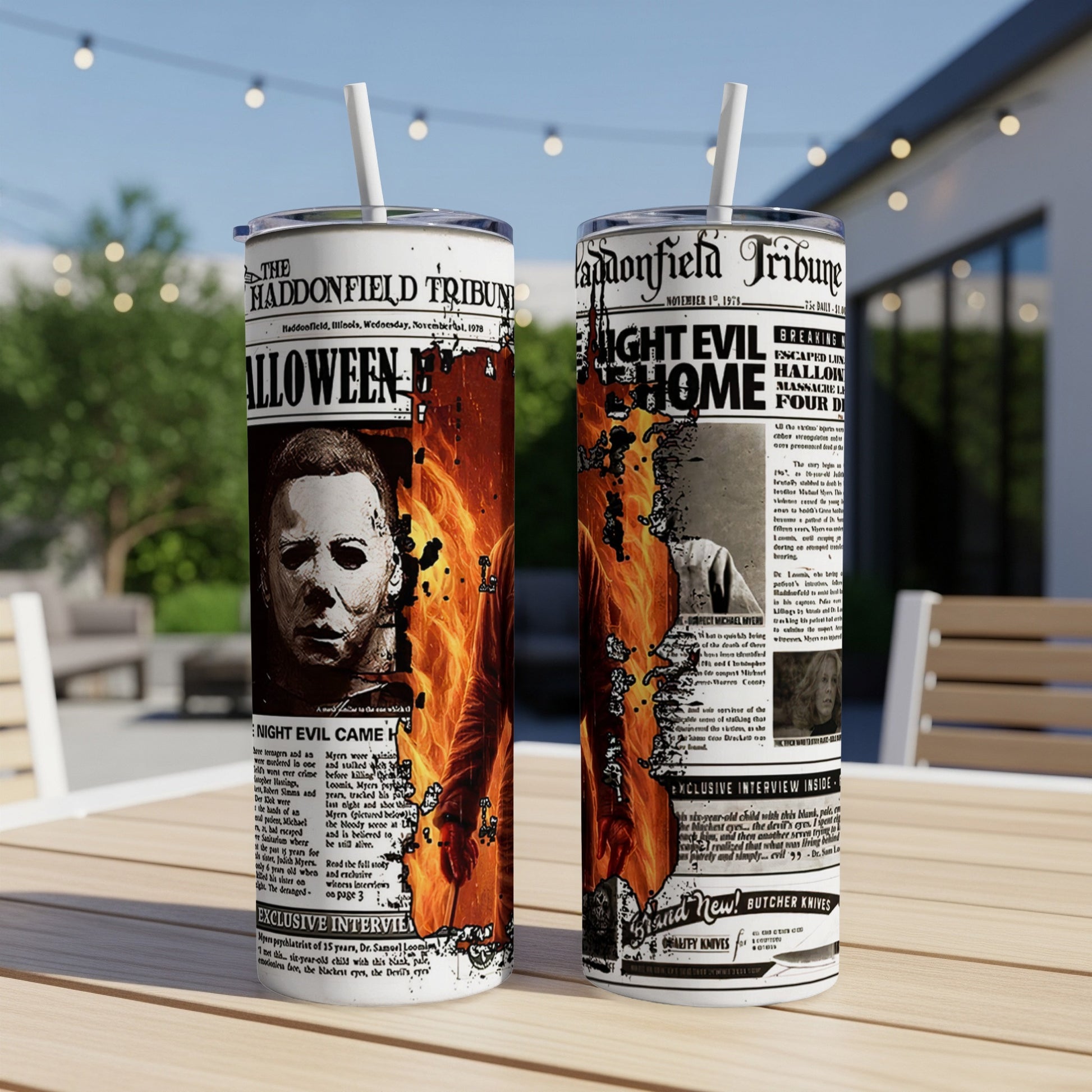 Tumbler with Haddonfield Tribune headlines and Michael Myers image.