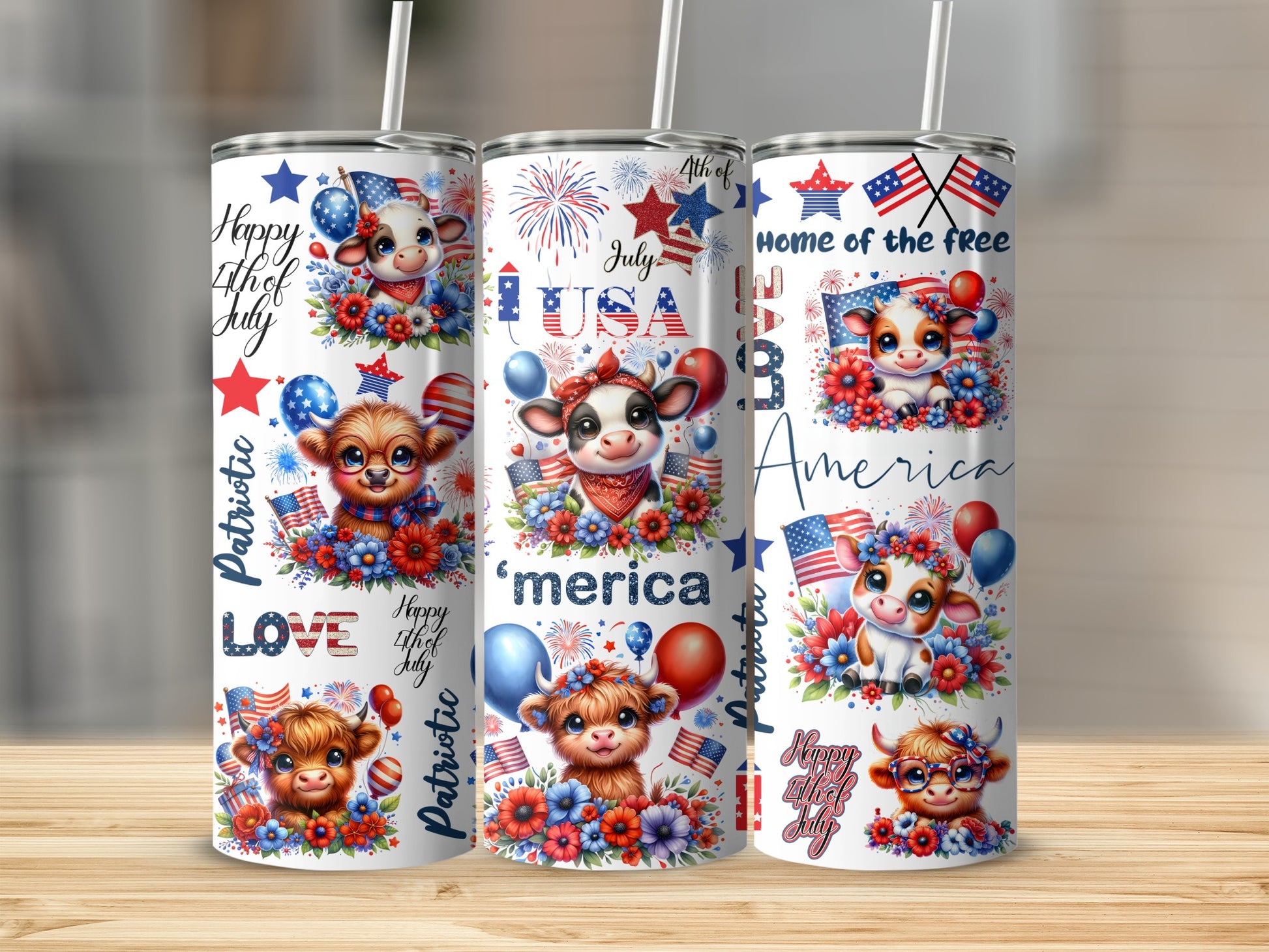 Patriotic cows celebrating July 4th with fireworks and USA flags on tumblers.