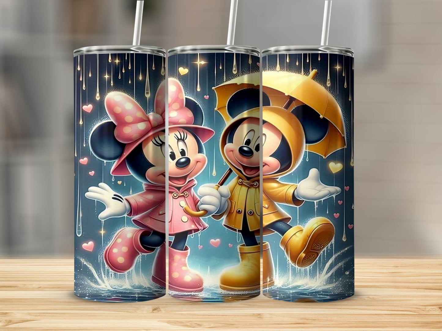 Minnie and Mickey Mouse in raincoats and boots under a yellow umbrella.