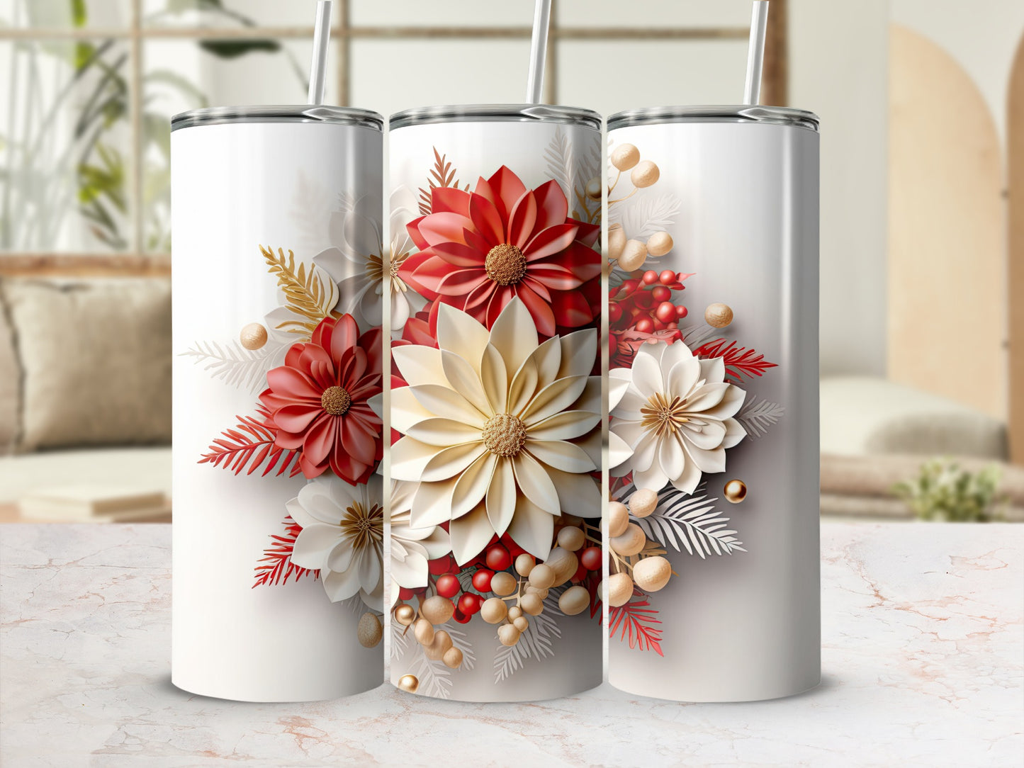 Three white tumblers with floral designs in red and cream.
