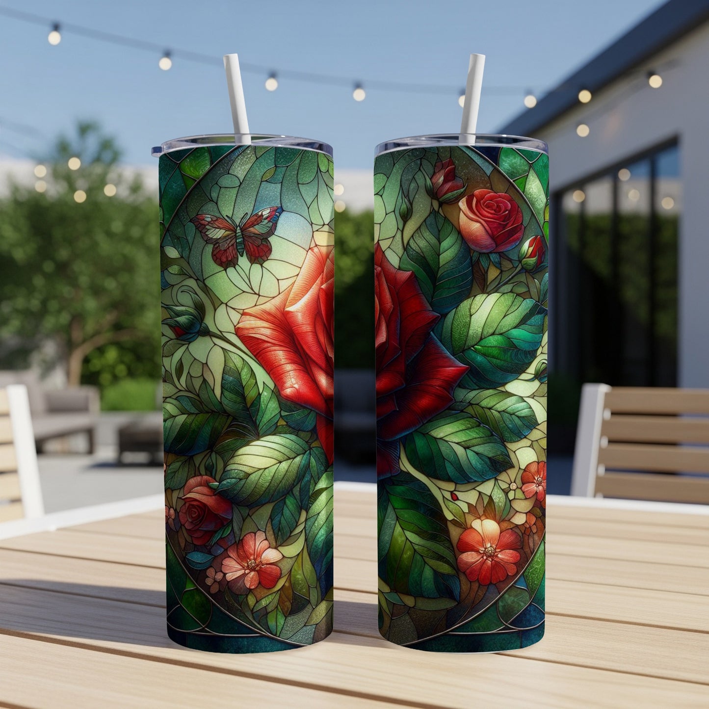 Two tumblers with stained glass red rose and butterfly design.