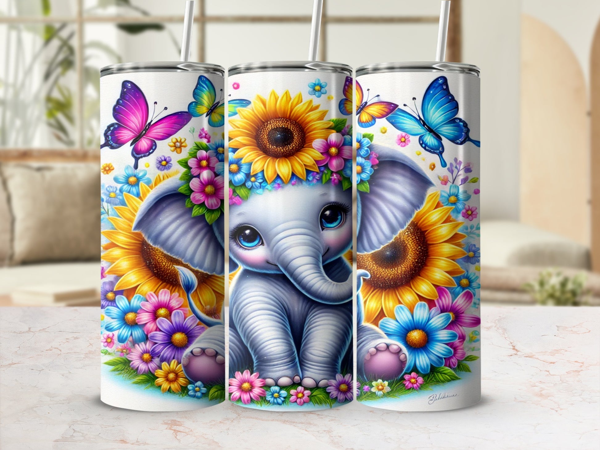 Cute Baby Elephant with Sunflowers and Butterflies Tumbler