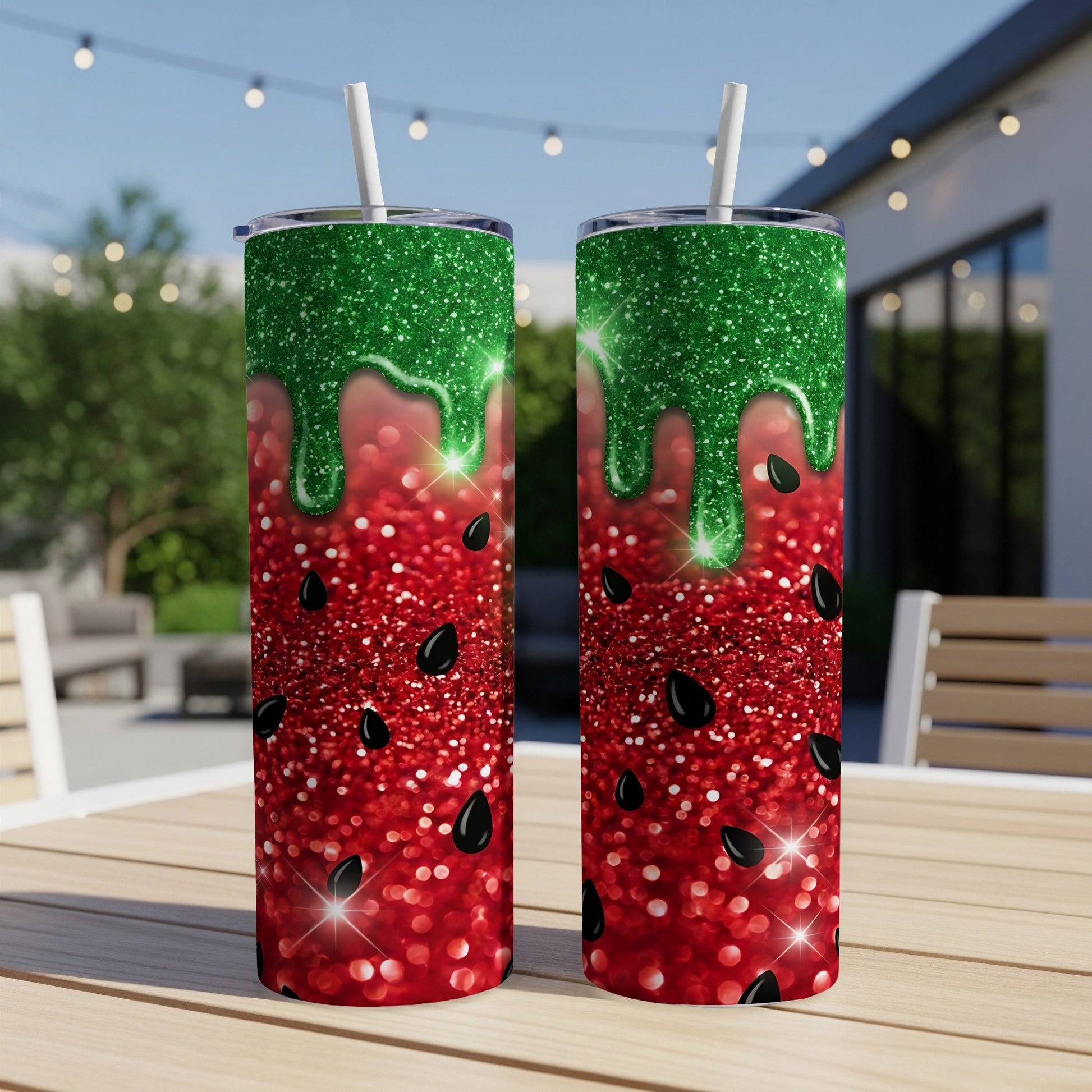 Two tumblers with green glitter drip and red watermelon seed design.