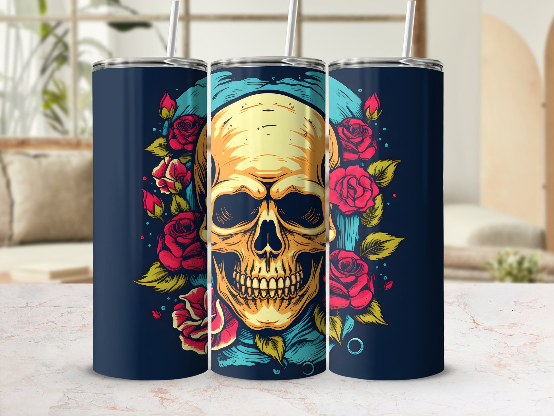 Dark blue tumbler with a yellow skull and red roses design.