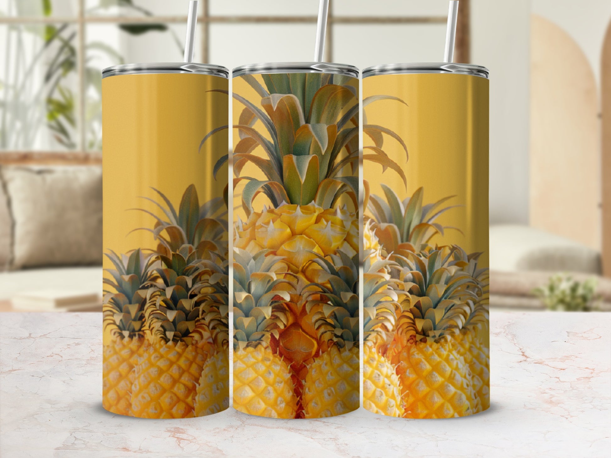 Tumbler with pineapple pattern and yellow background.