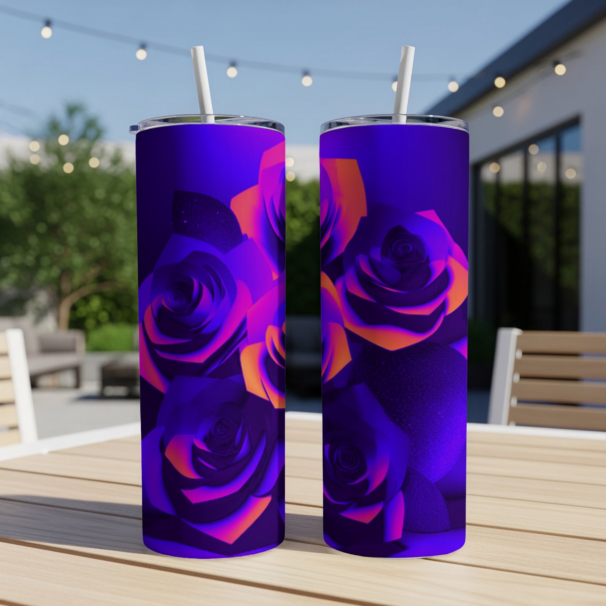 Two tumblers with vibrant purple and orange rose designs.