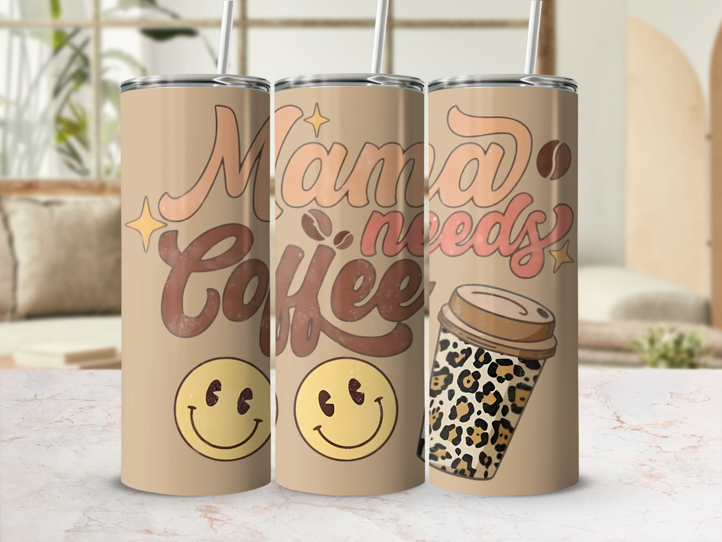 Mama Needs Coffee Leopard Print Tumbler Happy Face