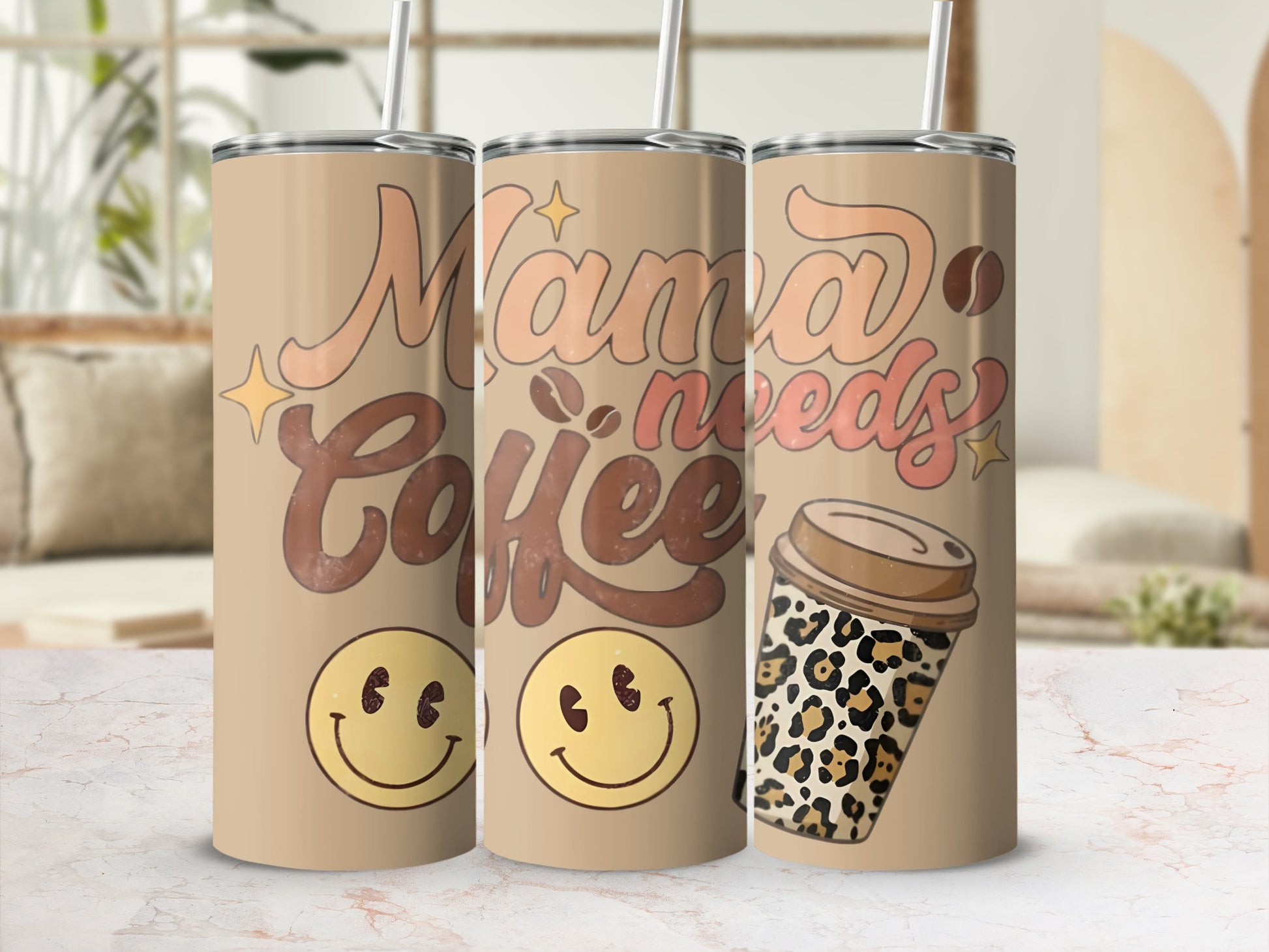 Mama Needs Coffee Leopard Print Tumbler Happy Face