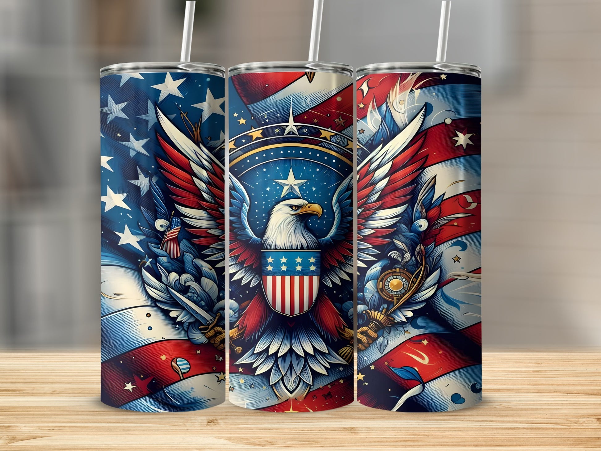Three patriotic tumblers with eagles, stars, and stripes designs.