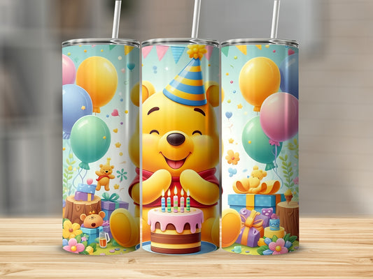 Bear with Cake Birthday Party Scene with Balloons Tumblers