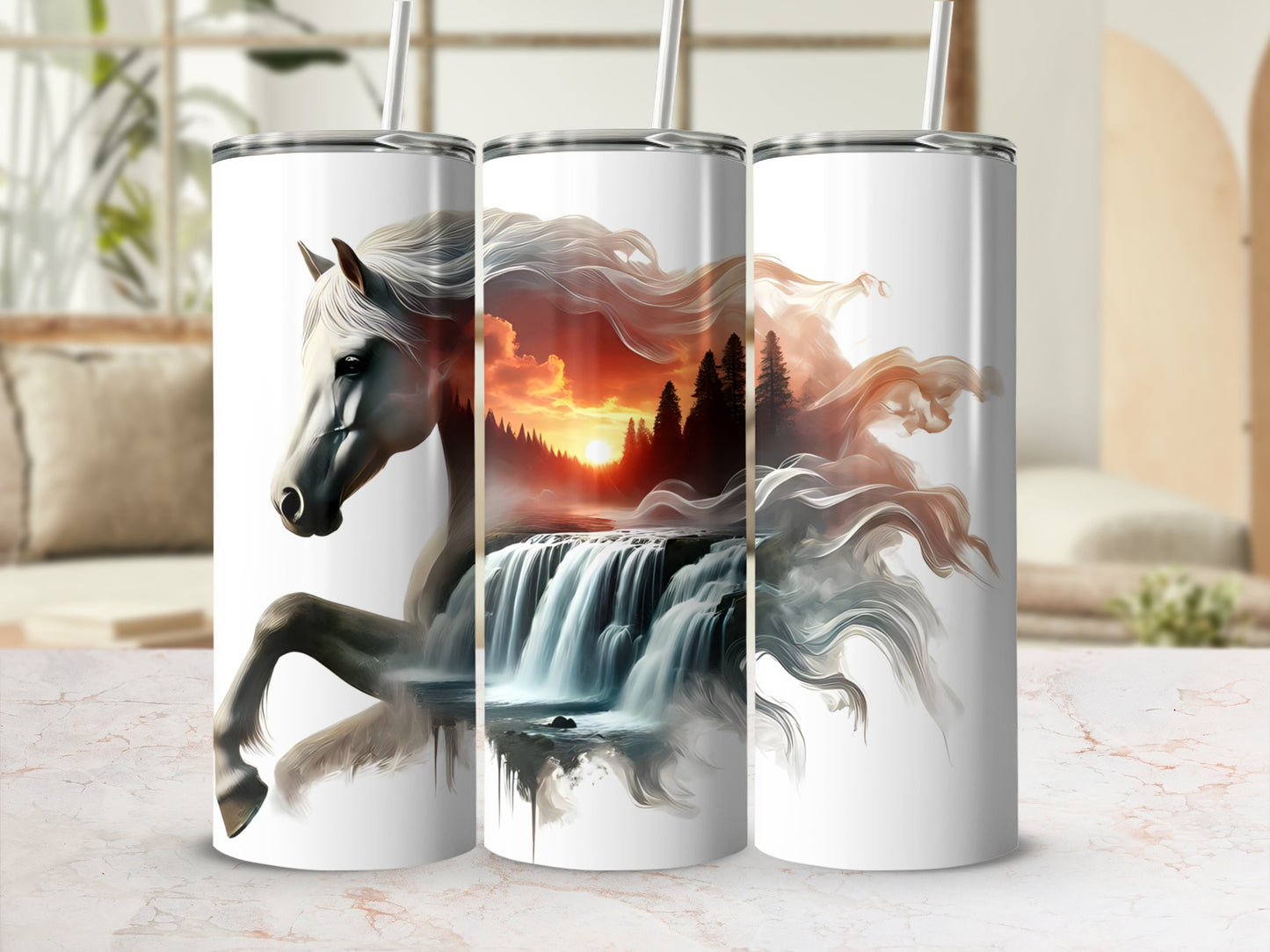White horse with a waterfall and sunset landscape design on three tumblers.