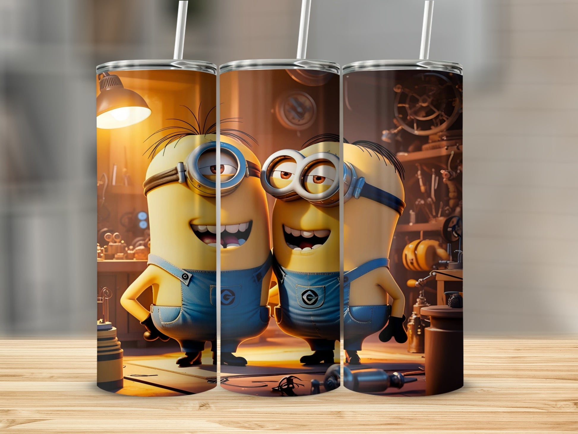 Two Minions wearing blue overalls smile in a workshop.