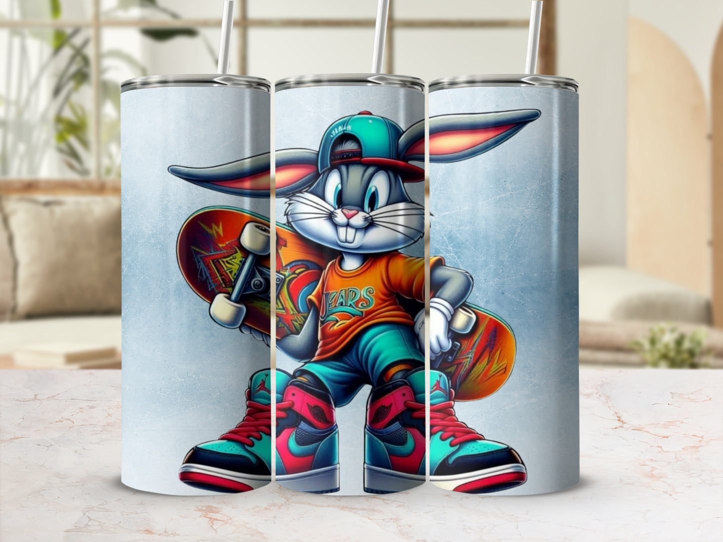 Skateboarding Bunny Tumbler with Straw Flask Artwork