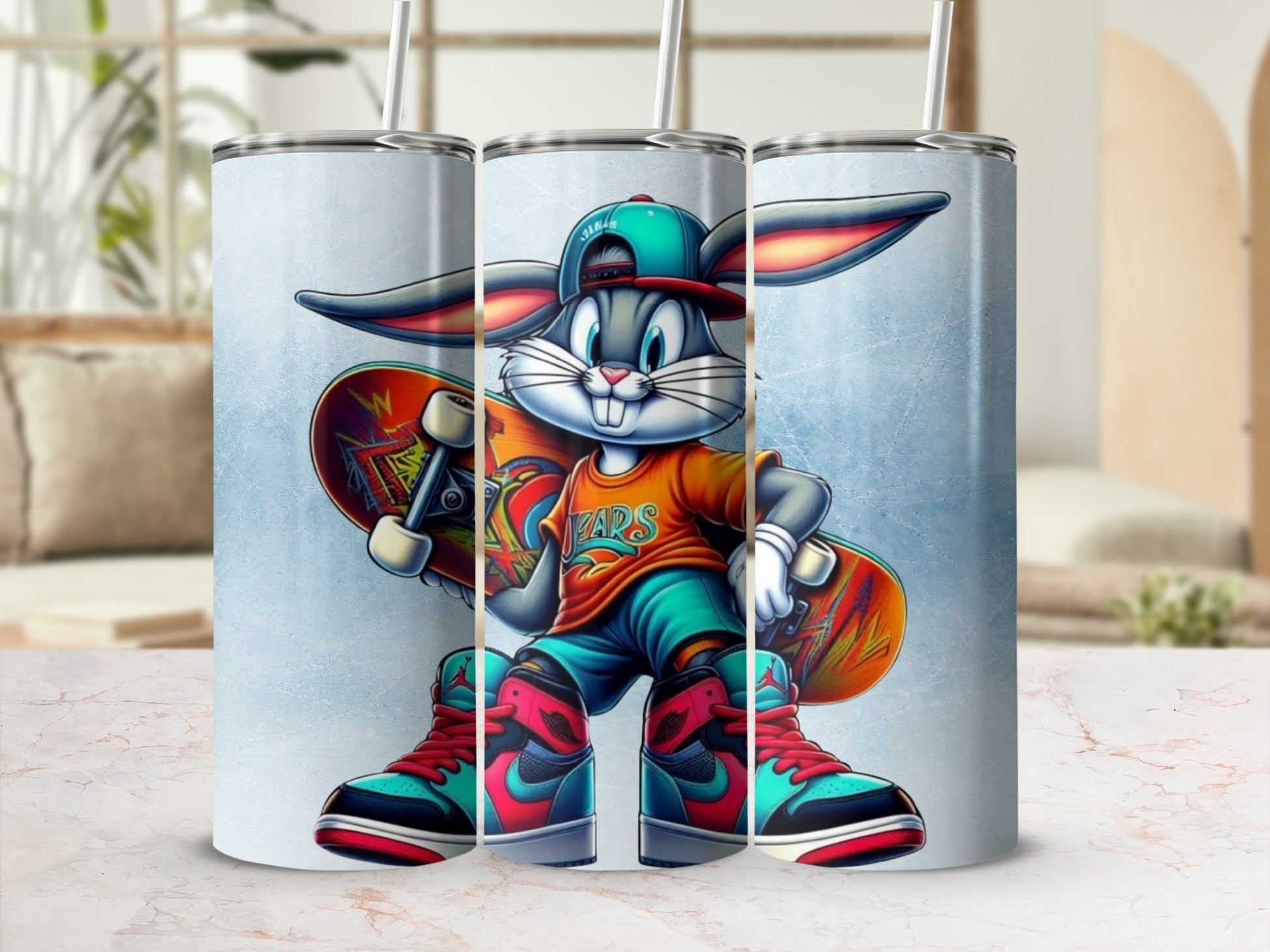 Skateboarding Bunny Tumbler with Straw Flask Artwork