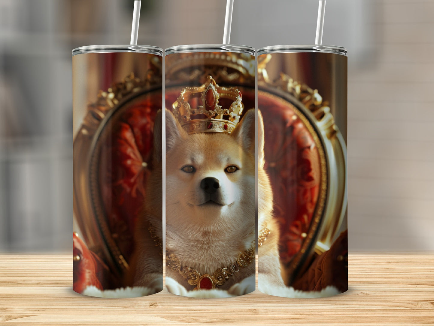 Akita dog wearing a crown and necklace sits on a throne.
