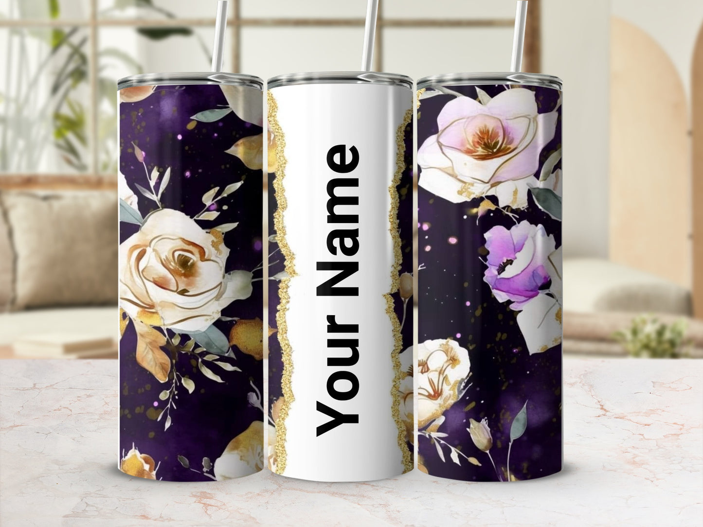Custom Floral Design Insulated Tumbler with Your Name