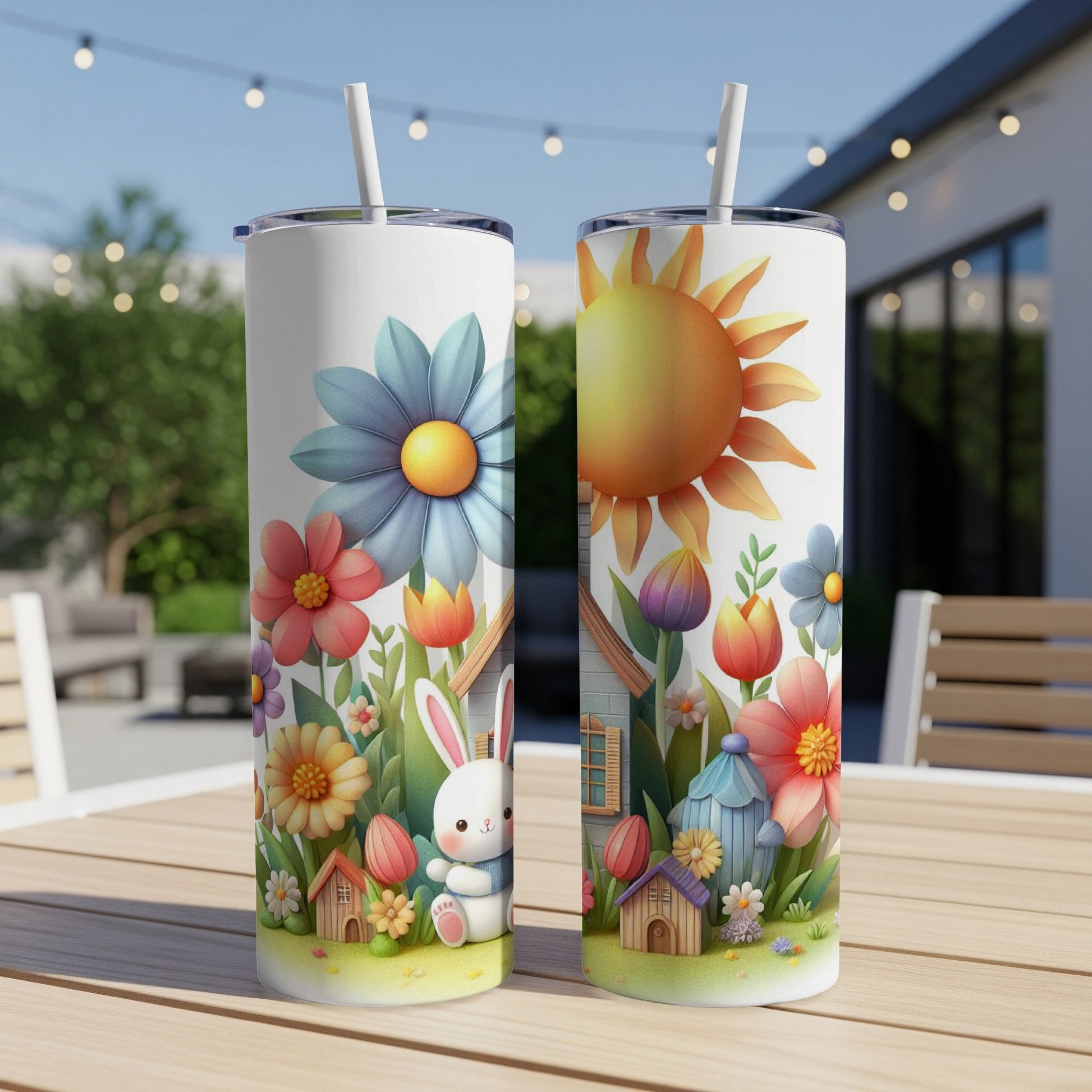 Two tumblers with a spring scene featuring a bunny, flowers, and a sun.