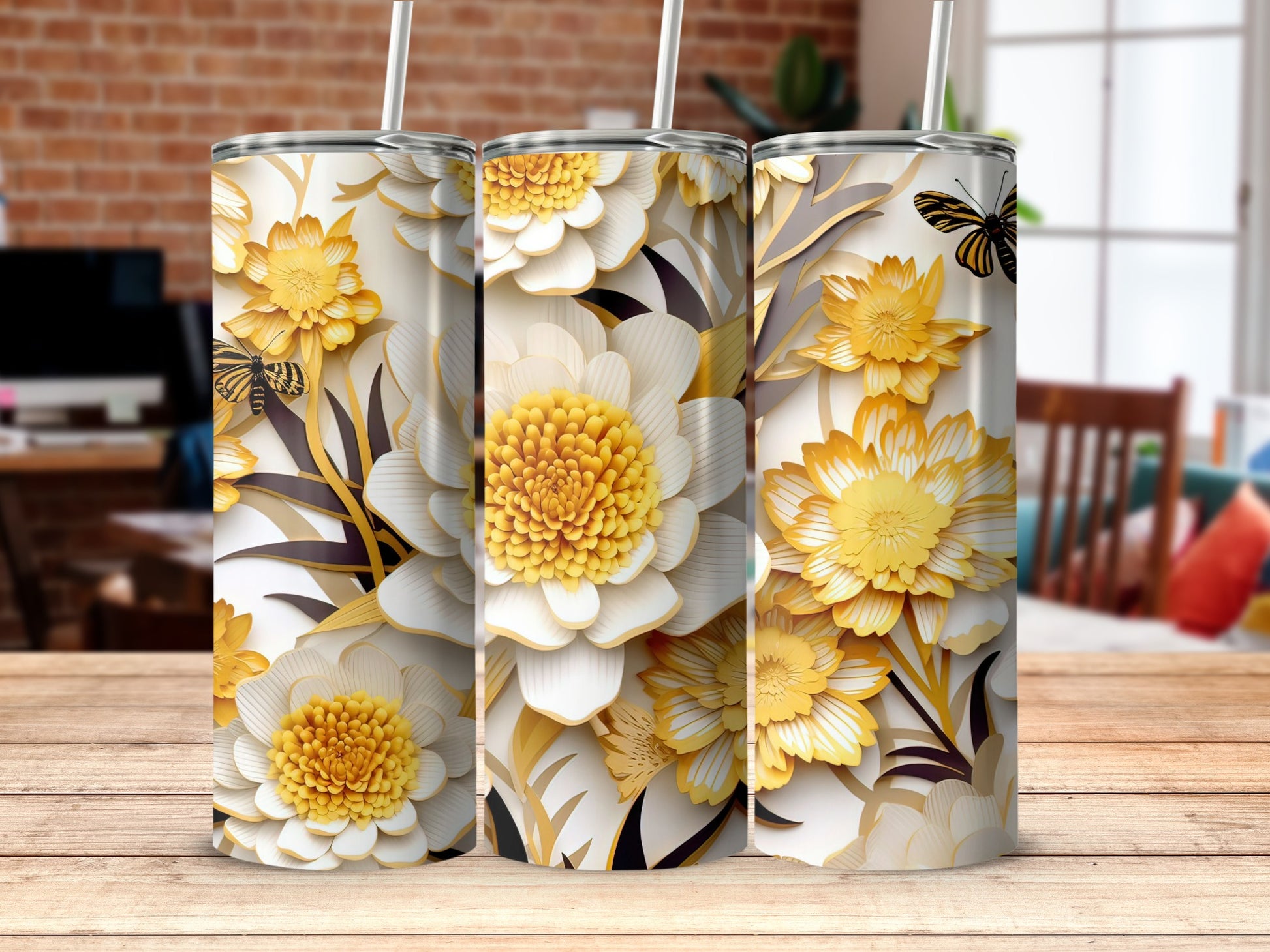 Elegant Yellow Floral Design Double Wall Tumblers