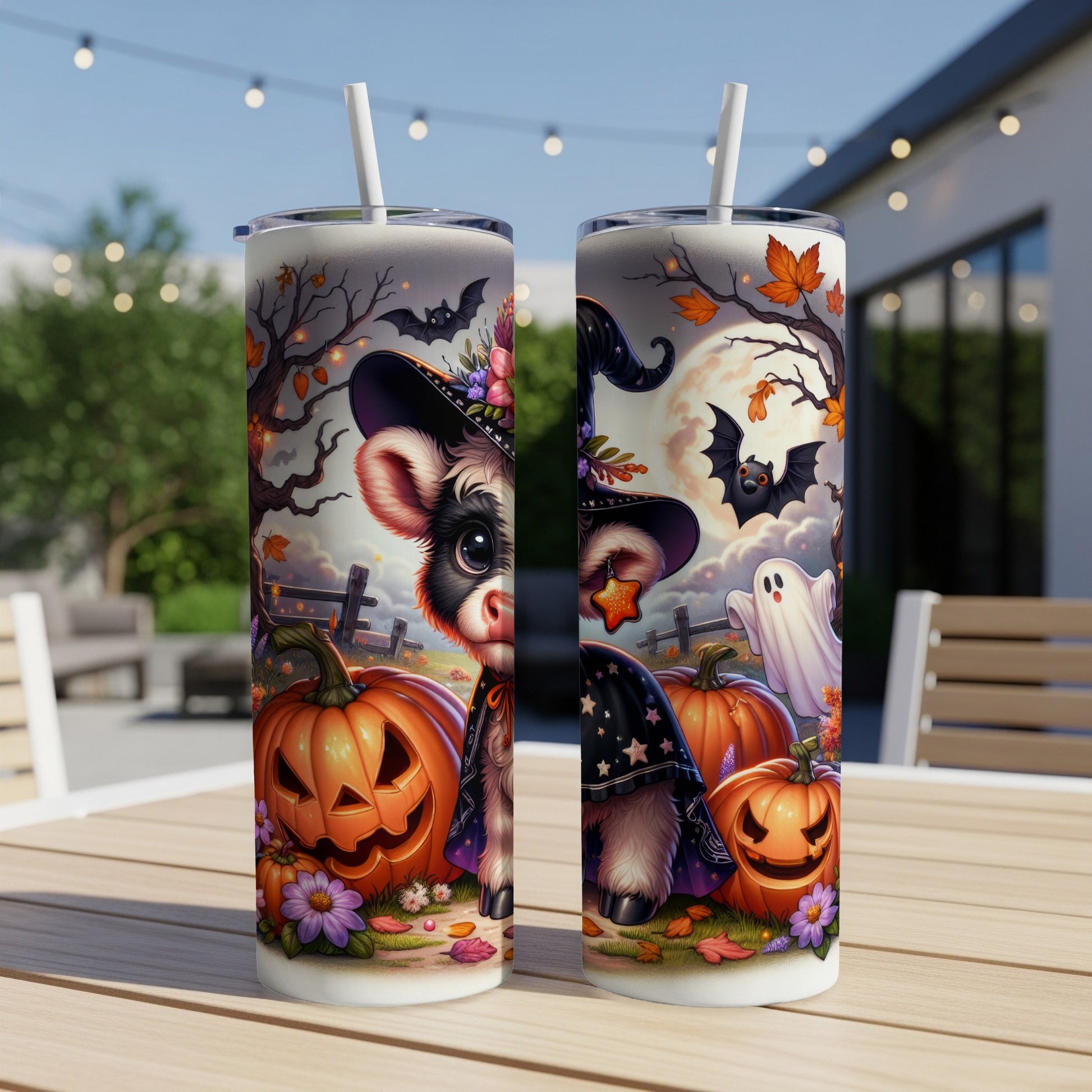 Halloween cow wearing witch hat with pumpkins and ghost design on tumblers.