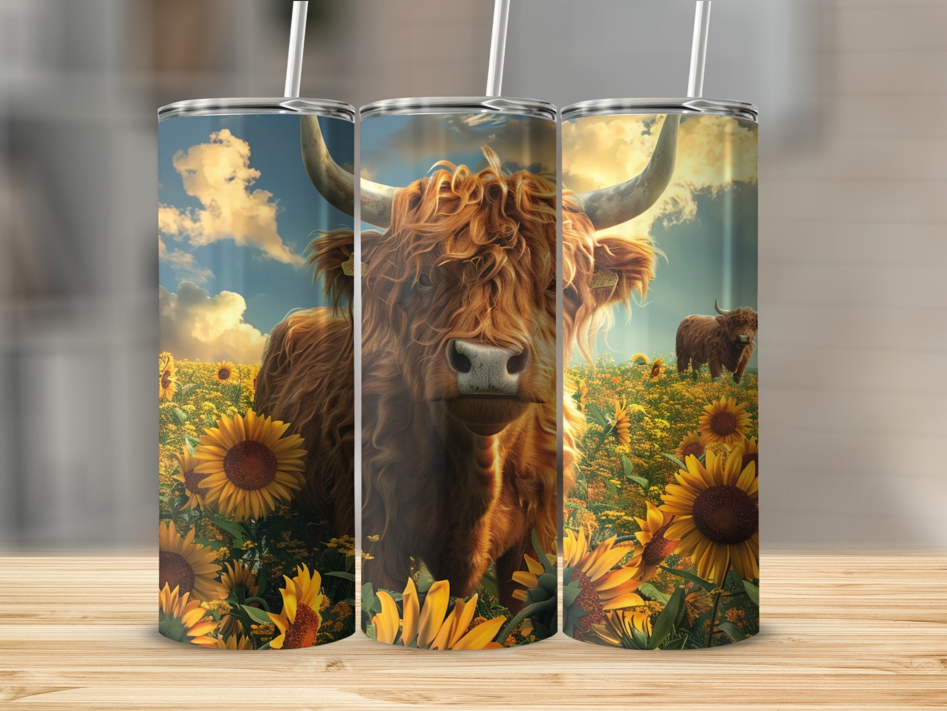 Highland cow in a sunflower field.