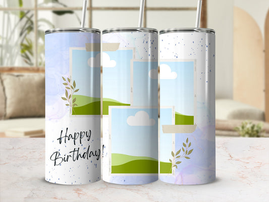 Tumblers with "Happy Birthday!" text and photo frame designs.
