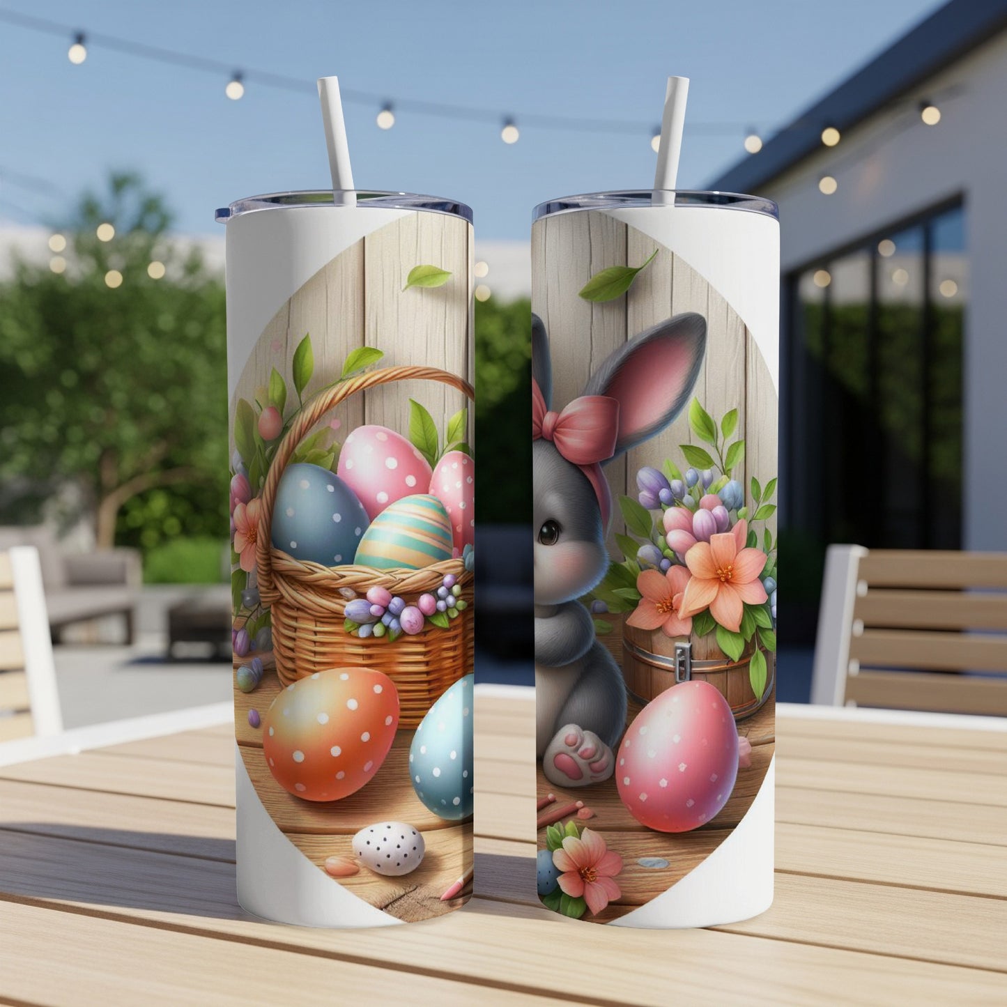 Easter bunny and decorated eggs on a wooden surface.