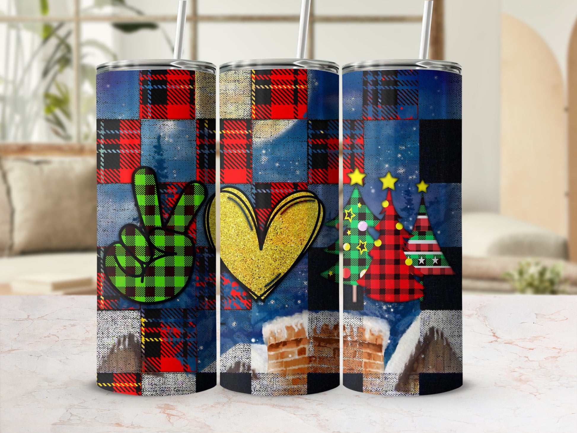 Three tumblers with plaid, peace sign, heart, and Christmas tree designs.