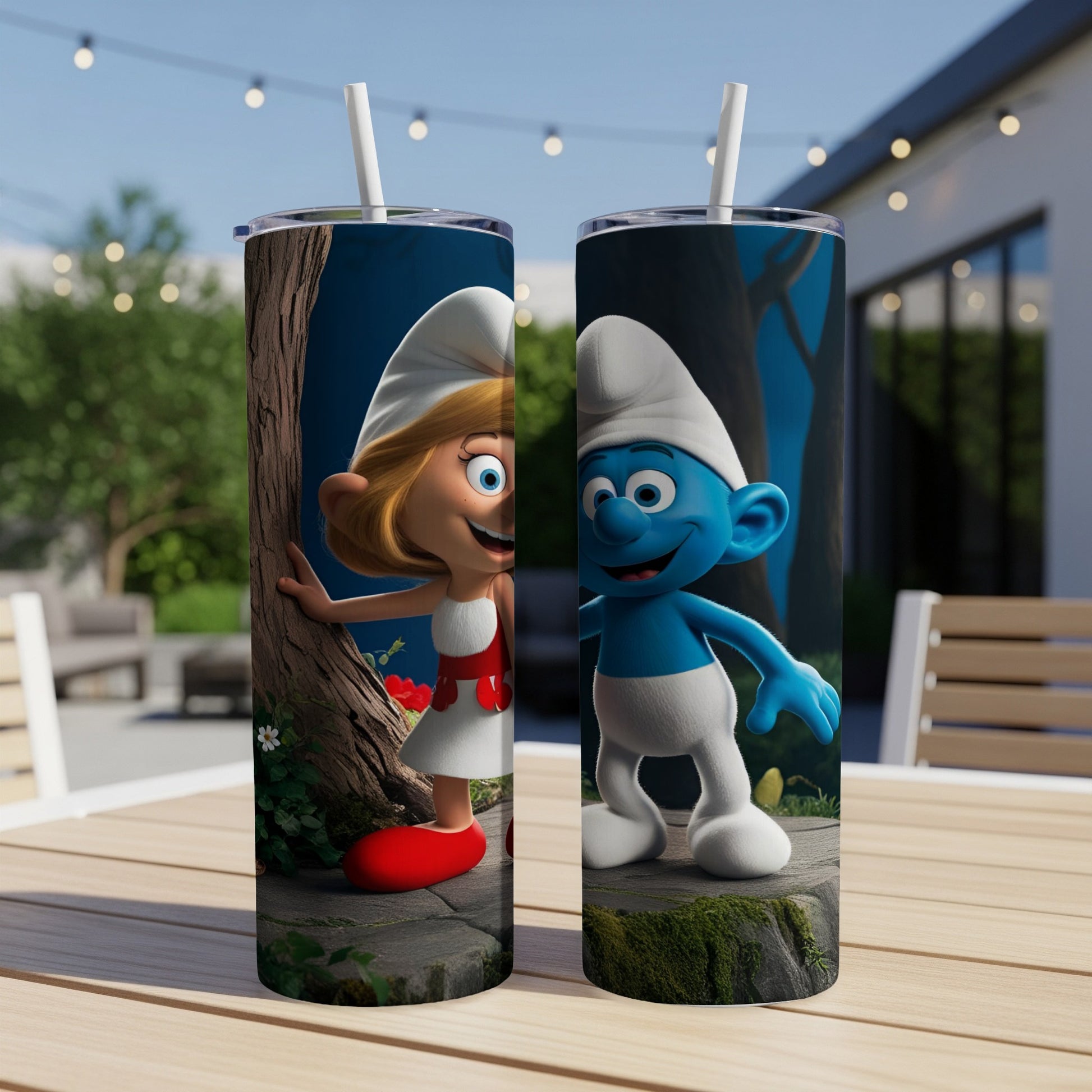 Smurfette and Papa Smurf characters on two white tumblers outdoors.