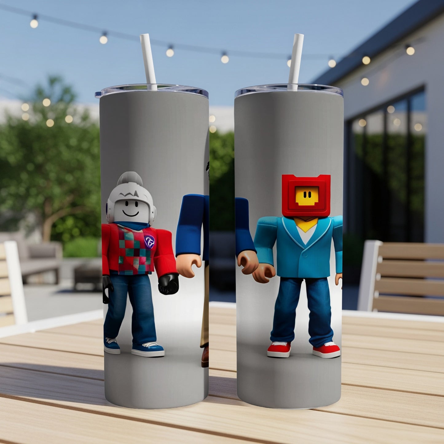 Roblox characters with distinct blocky heads and digital apparel on tumblers.