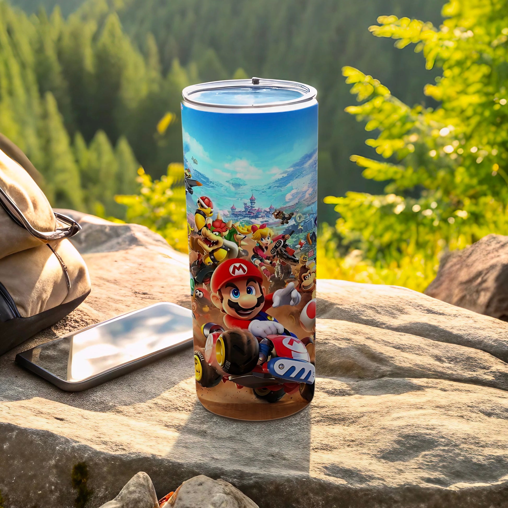 Mario Kart themed travel tumbler with vibrant design
