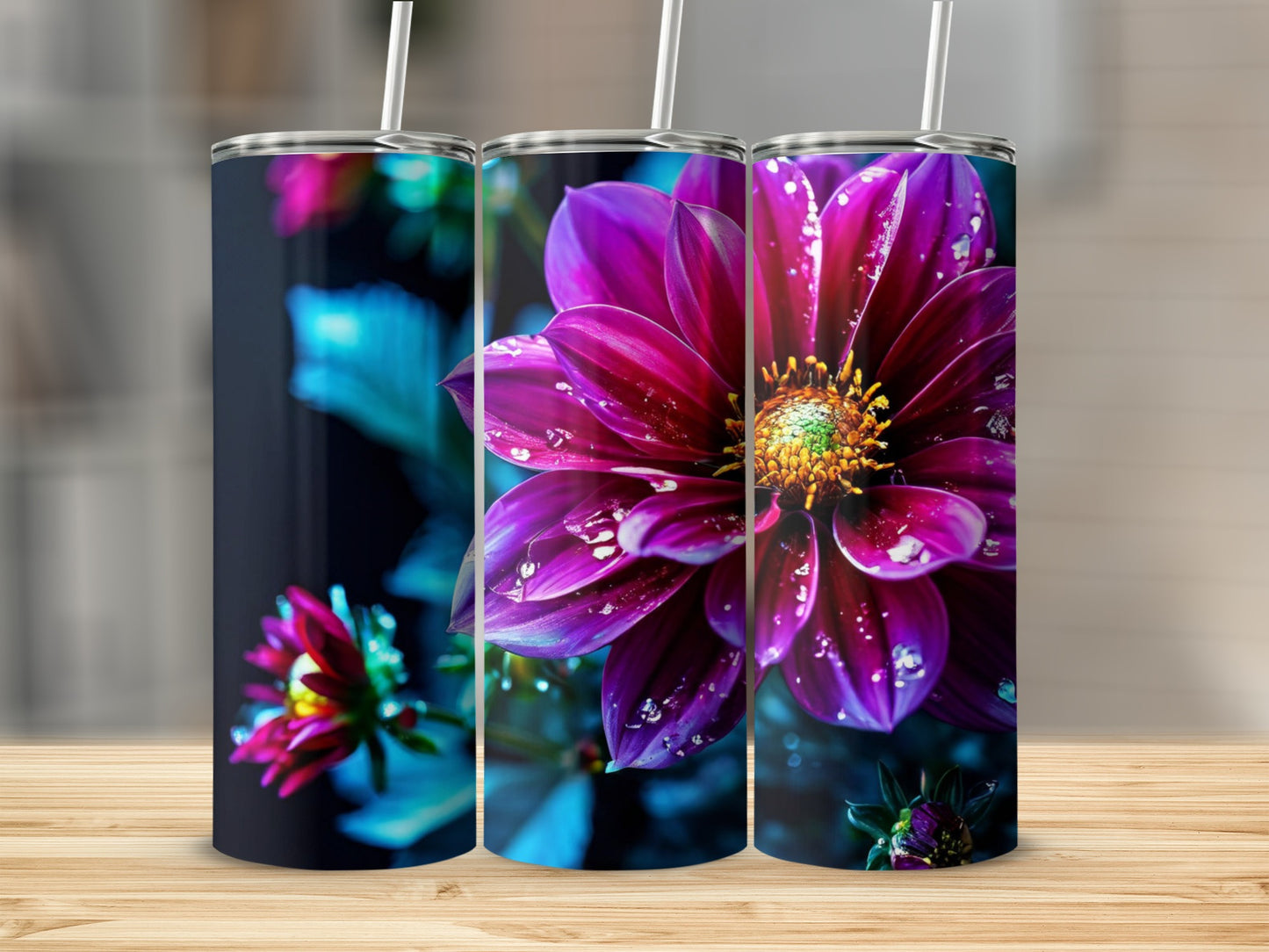 Three tumblers featuring a close-up of a dew-kissed purple dahlia flower.
