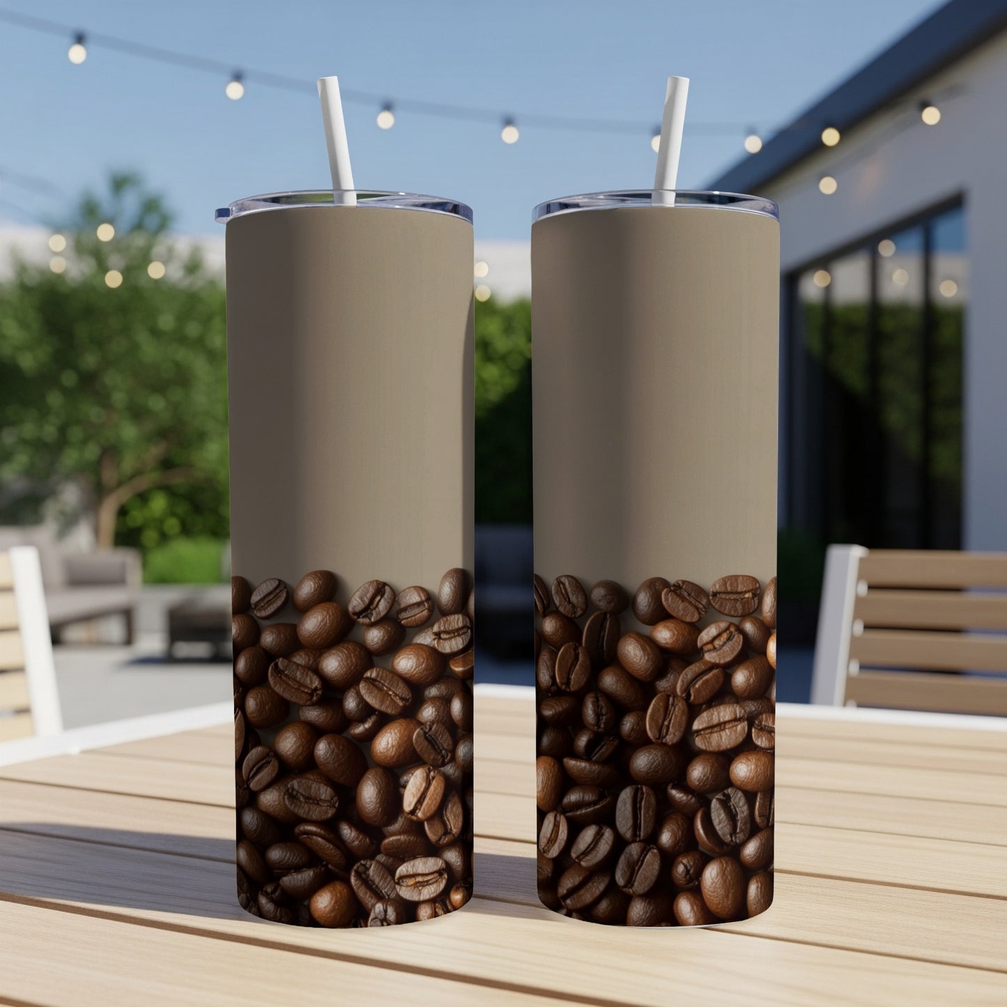 Two tall, slender coffee tumblers with a coffee bean pattern.