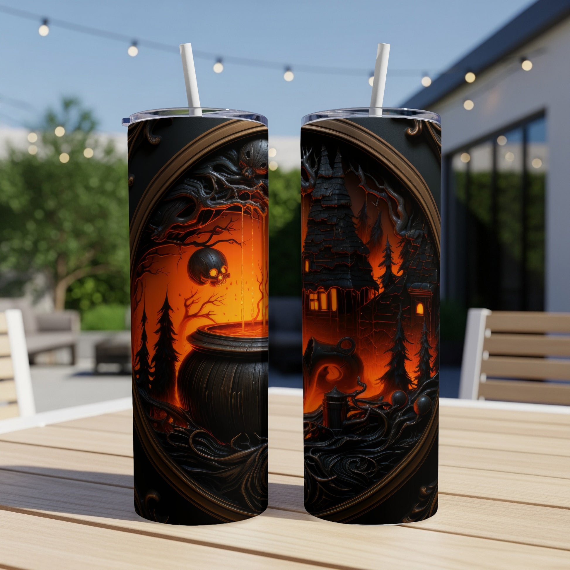 Two tumblers with Halloween-themed gothic art featuring a cauldron and a haunted house.