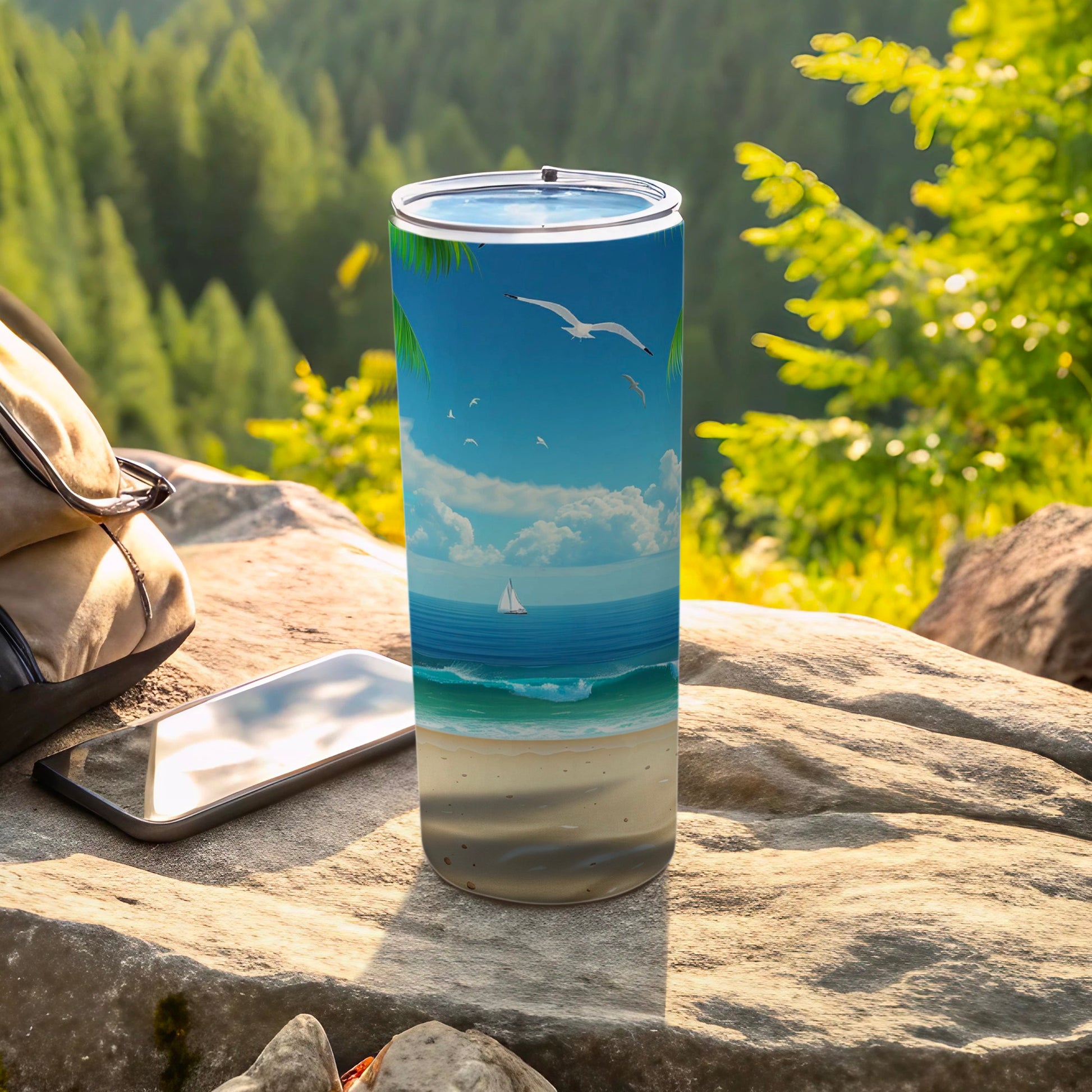 Beach scene tumbler with sailboat, ocean, and palm trees.